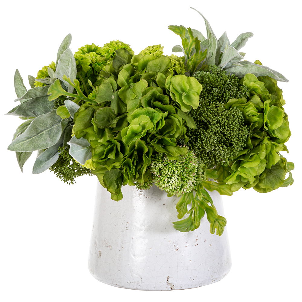 Pompom/Fern/Lambs Ear in Stoneware Container Green