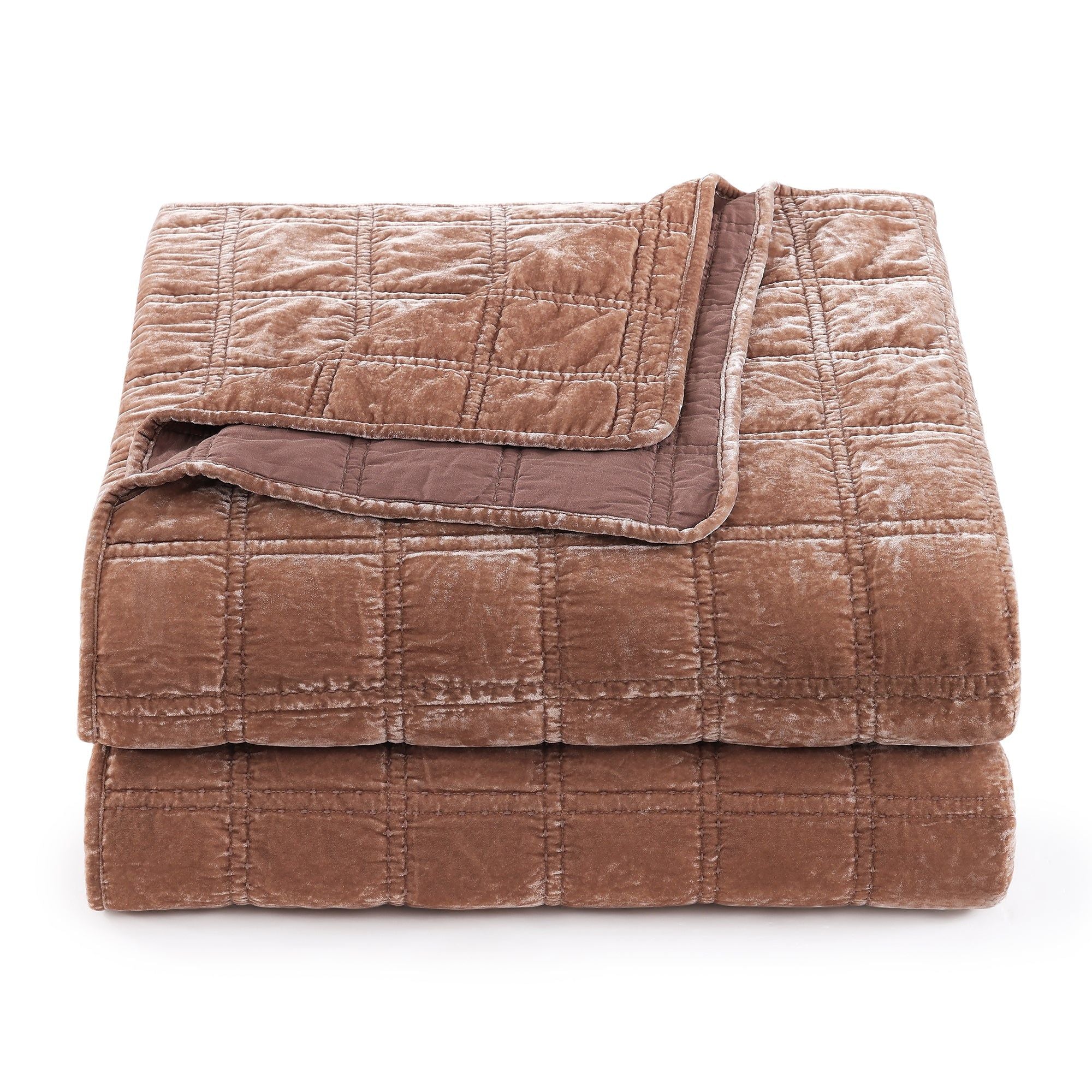 Stella - Full/Queen Faux Silk Velvet Double Box Stitch Quilt Set (Set of 3) - Dusty Rose
