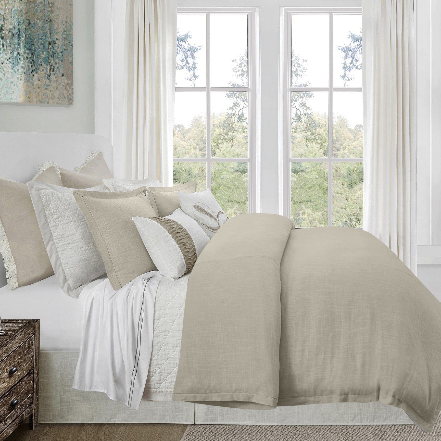 Hera - Queen Washed Linen Flange Duvet Cover Set (Set of 3) - Light Tan