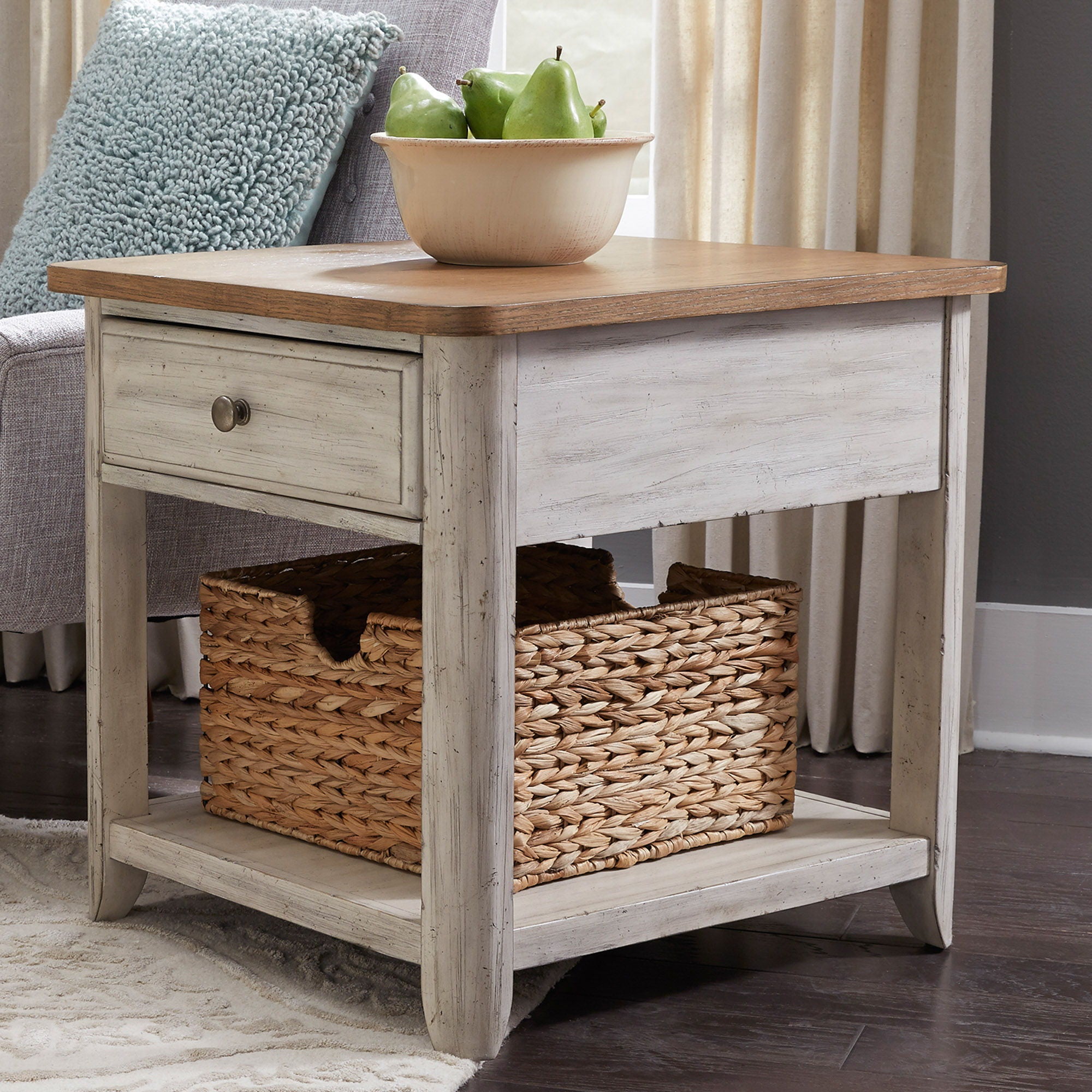 Farmhouse Reimagined - End Table With Basket - Antique White / Chestnut Tops