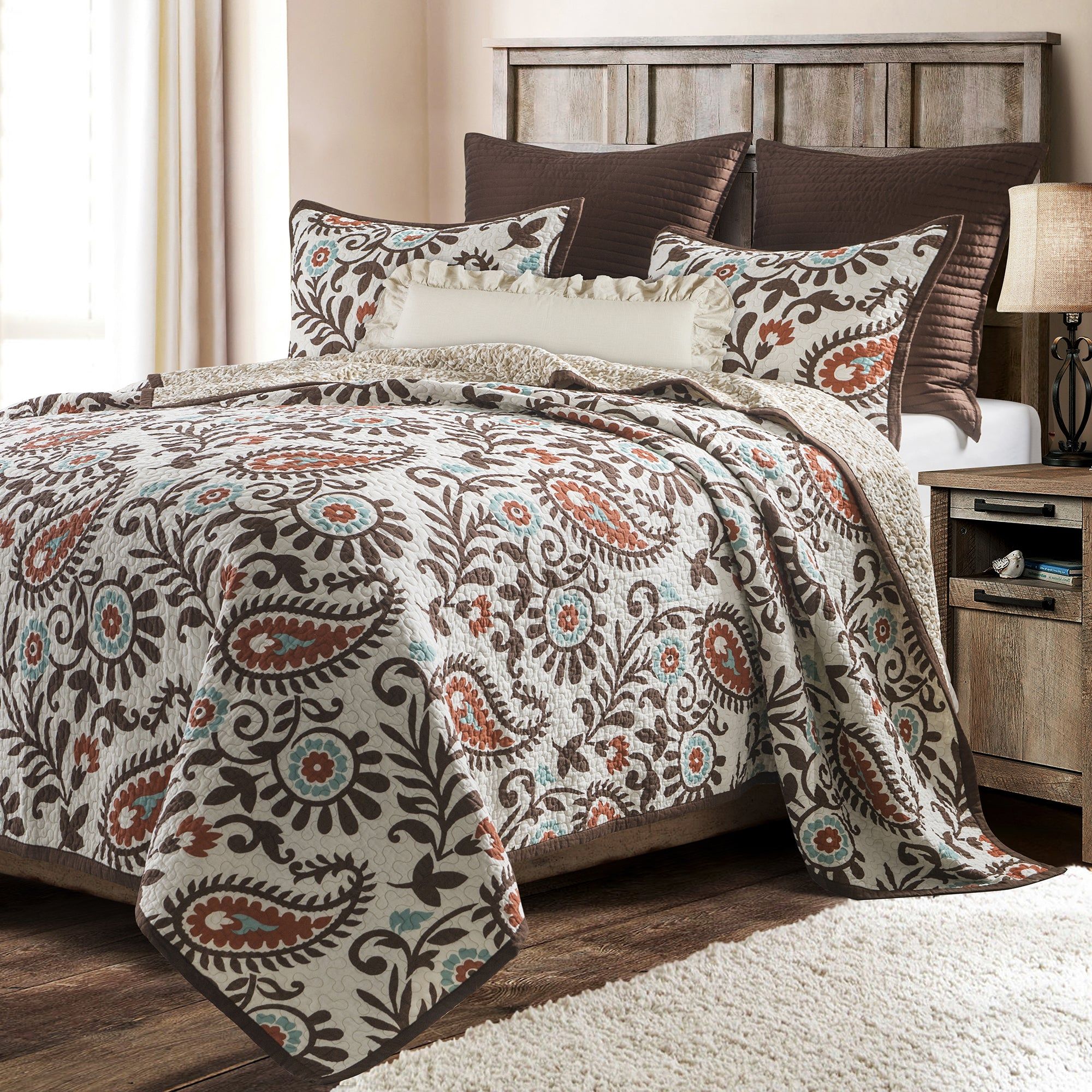 Rebecca - King Paisley Reversible Quilt Set (Set of 3) - Turquoise / Brown