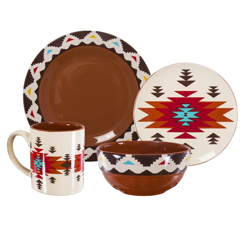 Del Sol - Aztec Ceramic Dinnerware Set (Set of 16) - Red / Brown