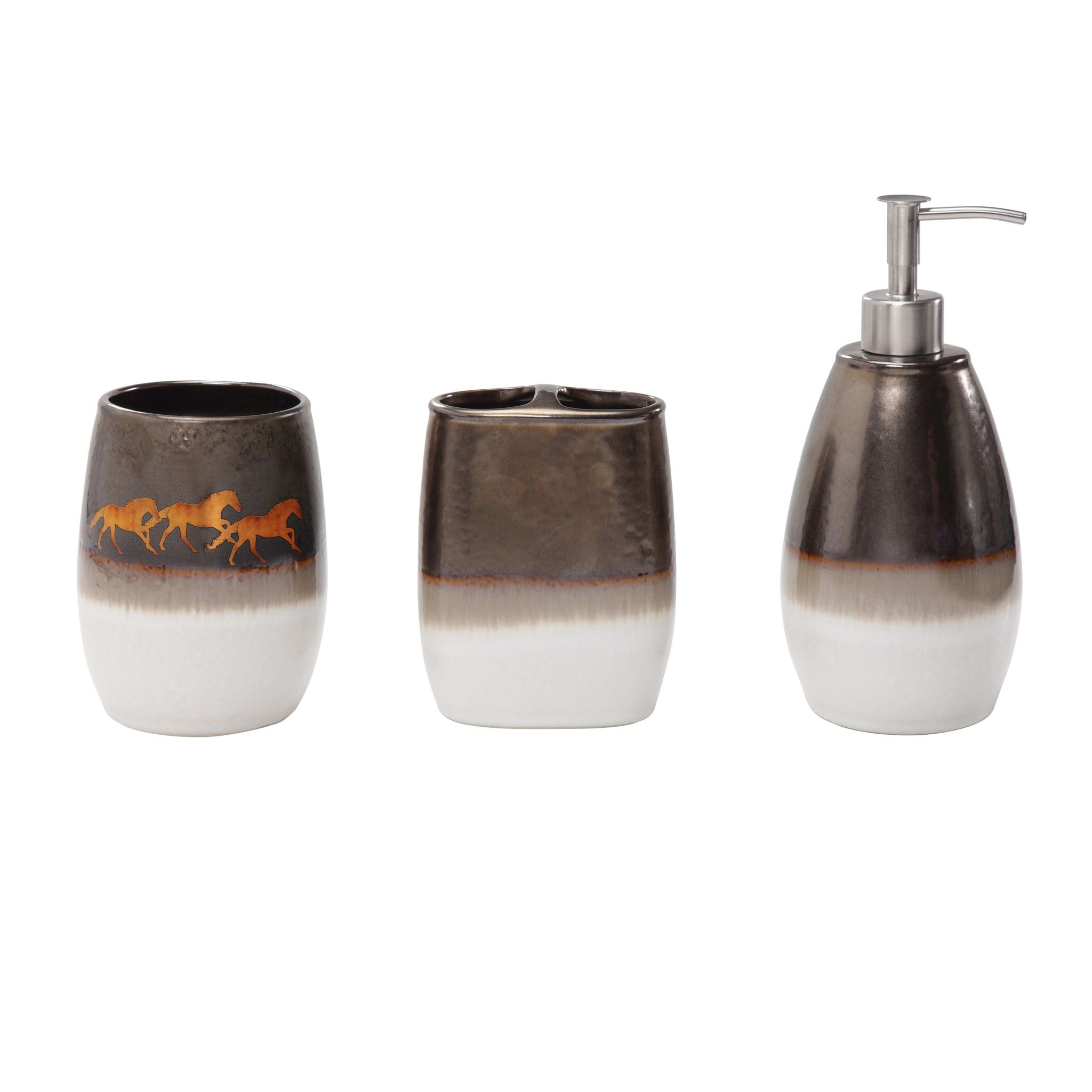 Running Remuda - Ceramic Countertop Bathroom Set (Set of 3), 4 Per Carton - White / Brown / Gold