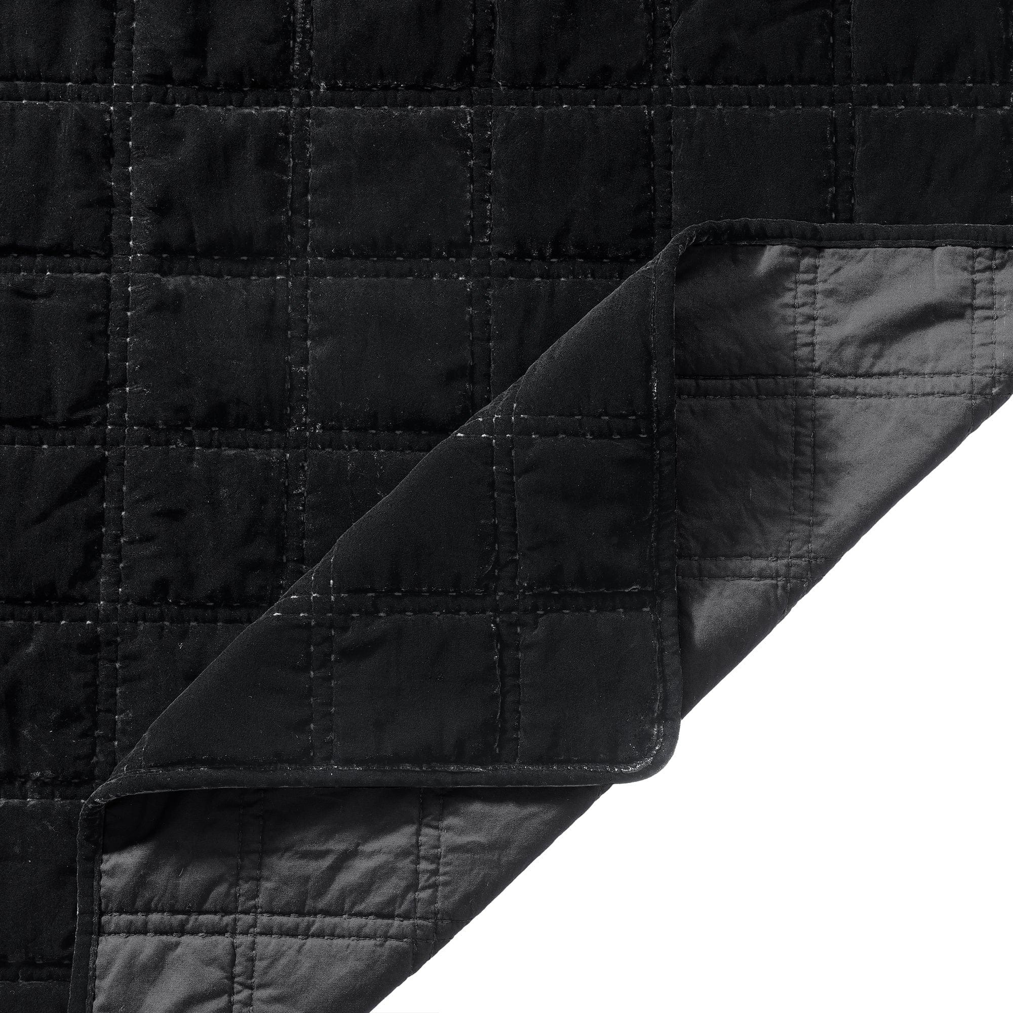Stella - Full/Queen Faux Silk Velvet Double Box Stitch Quilt Set (Set of 3) - Black
