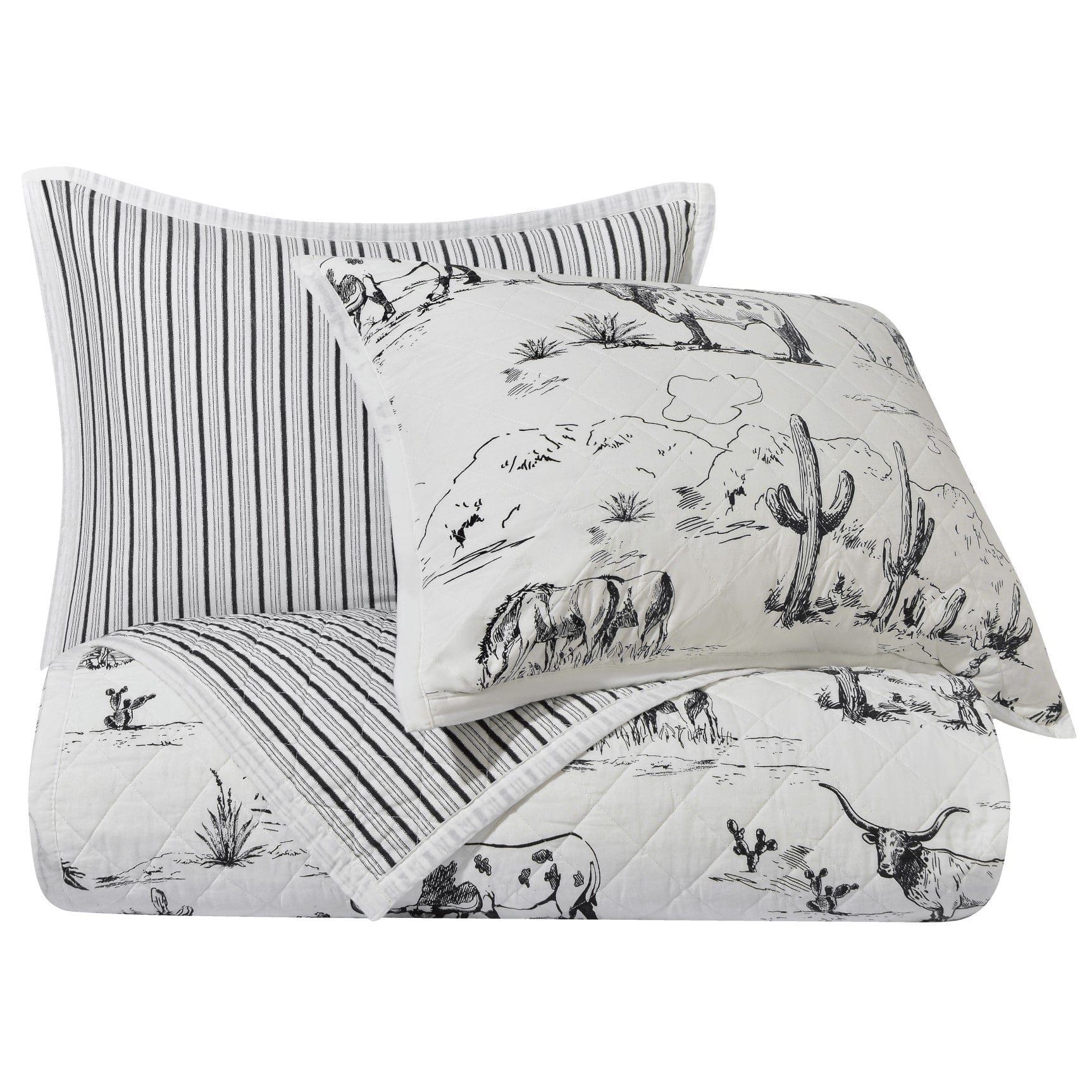 Ranch Life - Full/Queen Western Toile Reversible Quilt Set (Set of 3) - Black