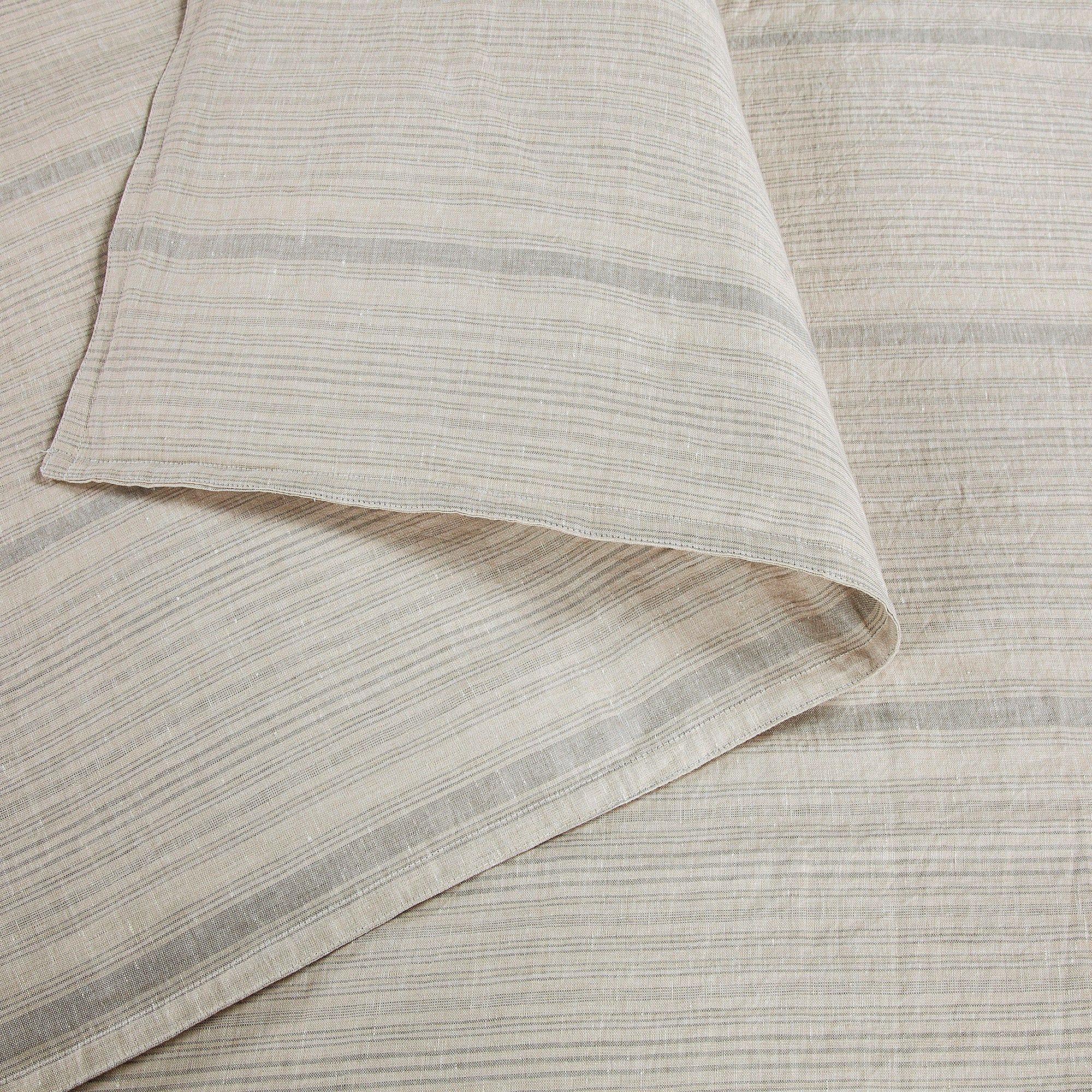 100% French Flax Linen - Queen Variegated Stripe Duvet Cover Set (Set of 3) - Natural / Light Blue