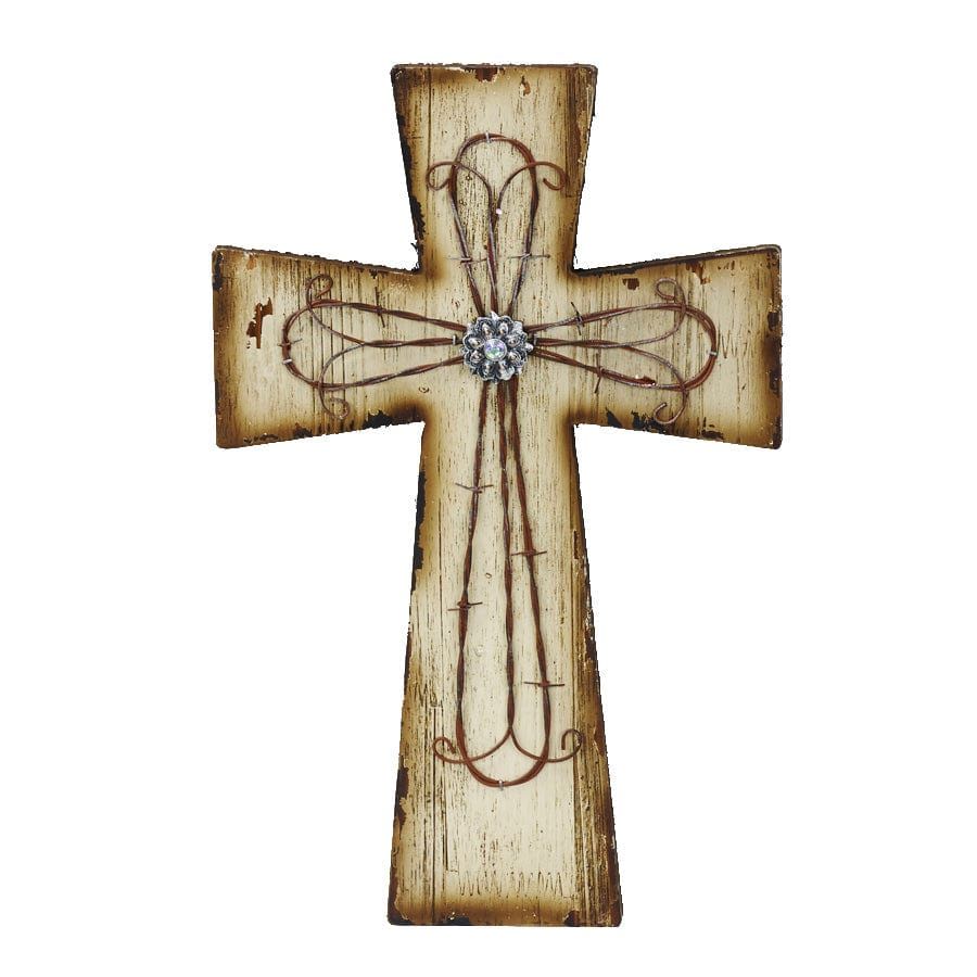 Wall Décor - 10" x 15" Distressed Wood & Barbwire Cross Wall Décor 4 Per Carton - Cream