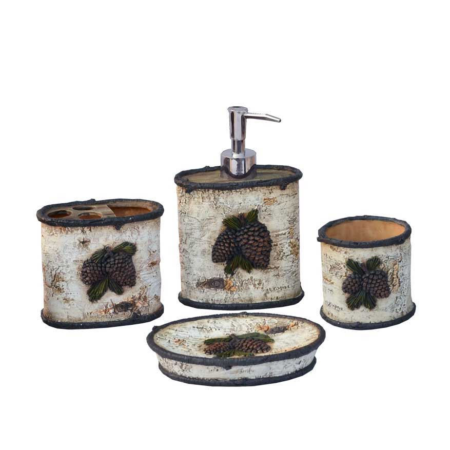 Lodge Pine Cone - Birch Pinecone Countertop Bathroom Set (Set of 4), 4 Per Carton - Brown / White