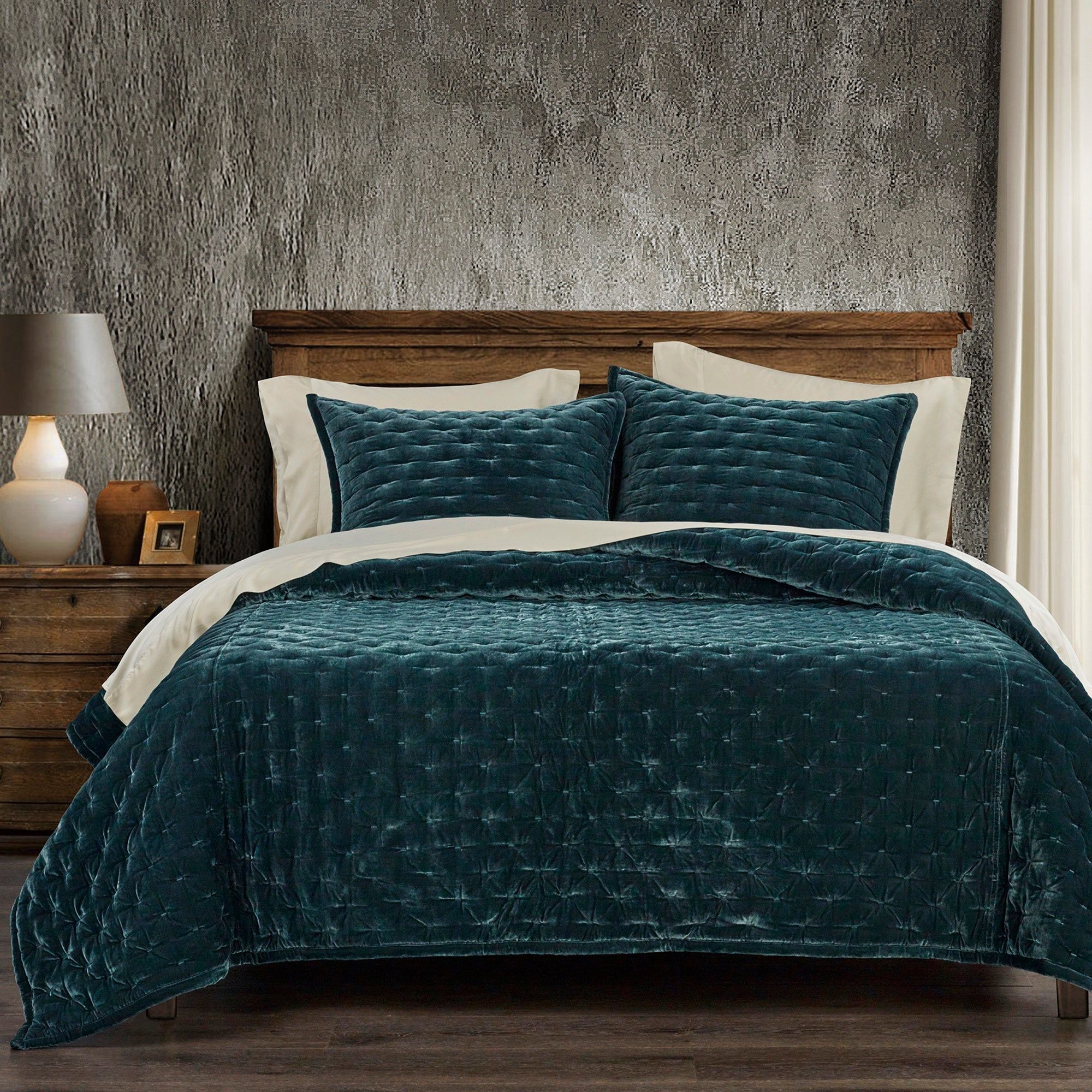 Stella - Full/Queen Faux Silk Velvet Pintuck Quilt Set (Set of 3) - Storm Blue