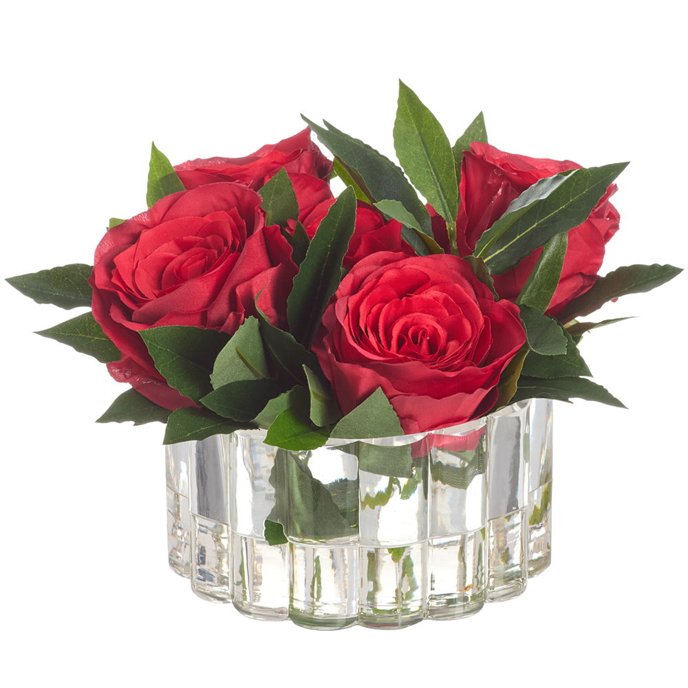 Rose Arrangement in Ribbed Glass Vase Red