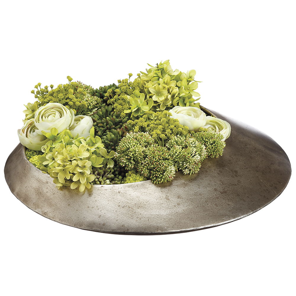 Hydrangea /Ranunculus/Sedum in Metal Vase Green Lime