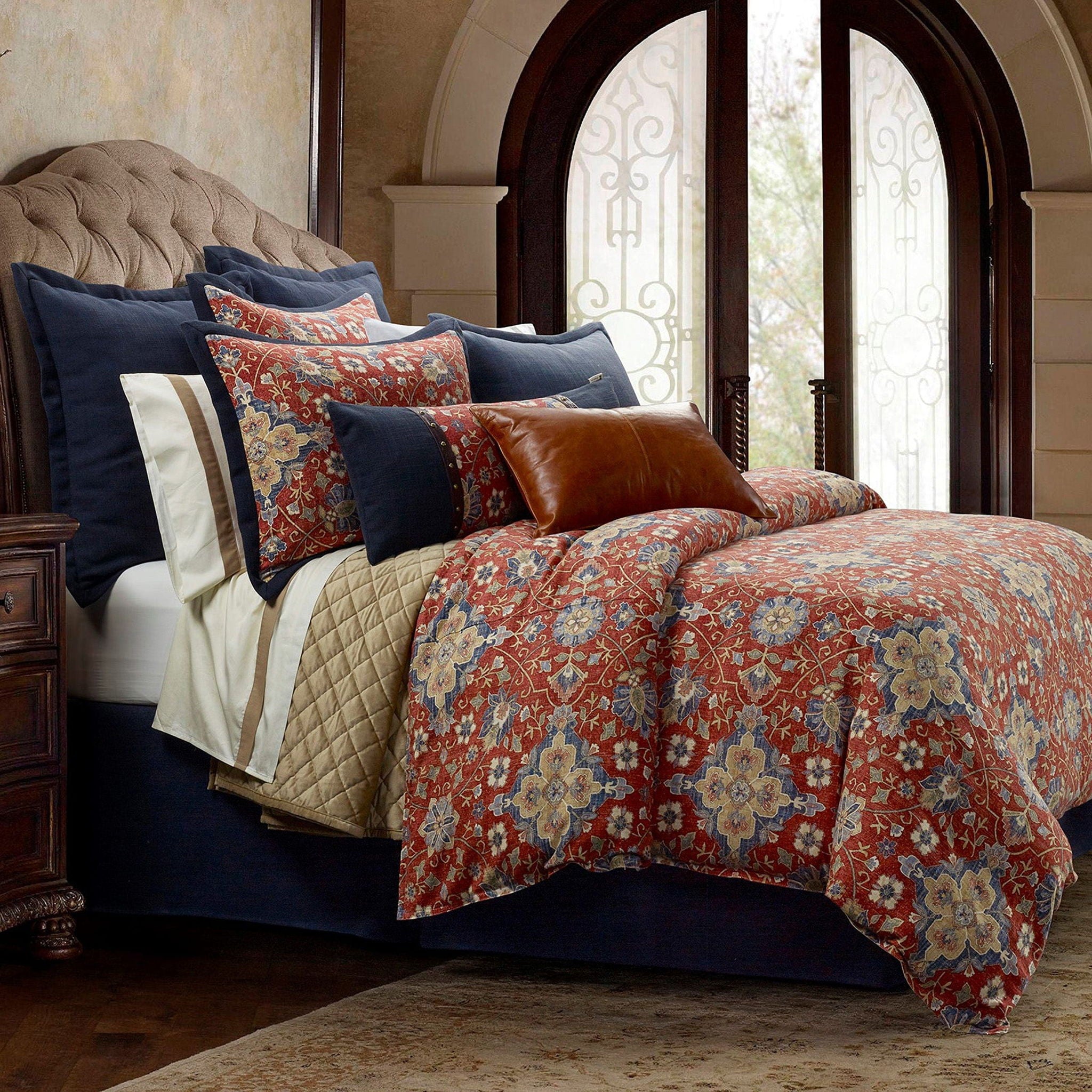 Melinda - King Washed Linen Comforter Set (Set of 3) - Red / Navy