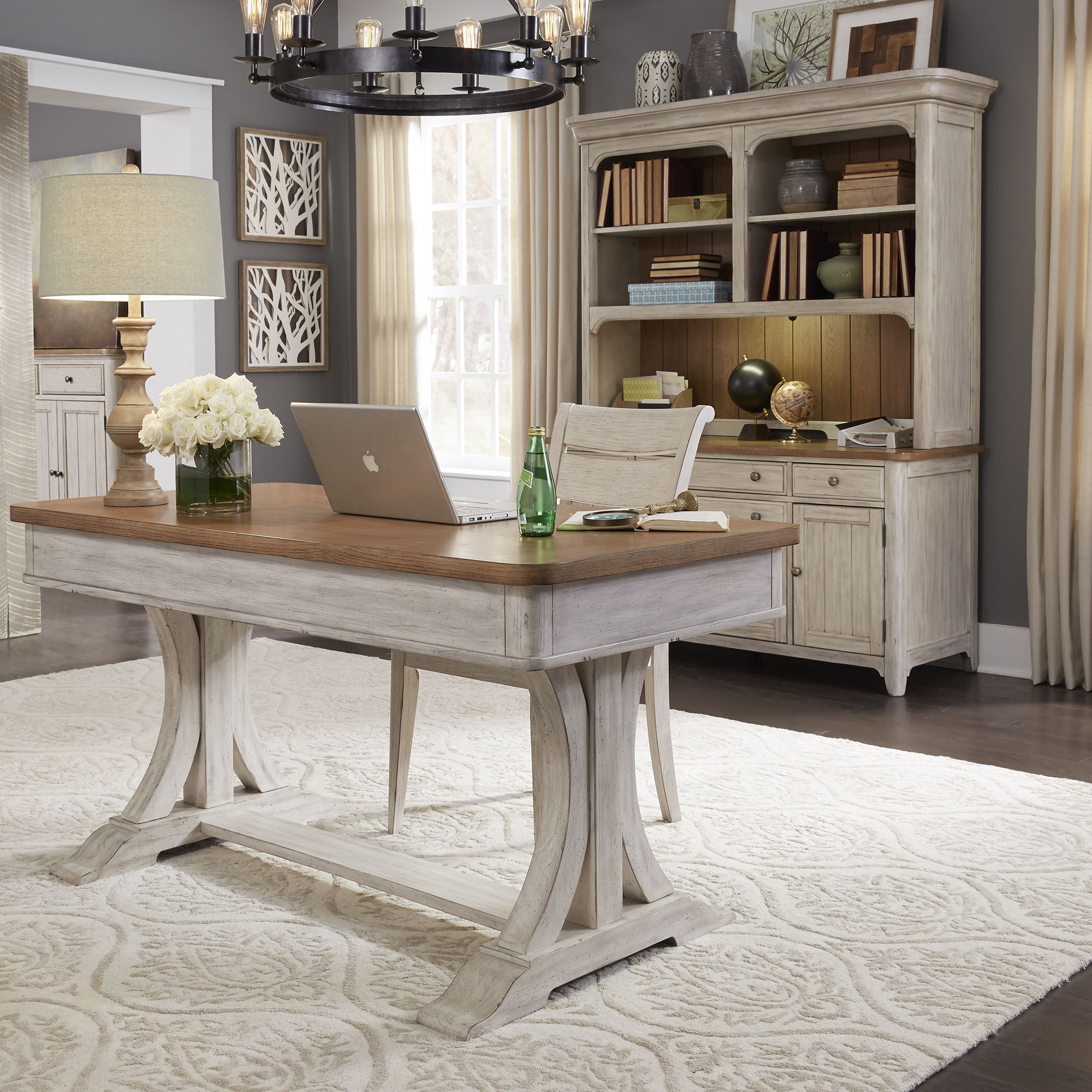 Farmhouse Reimagined - 3 Piece Home Office Set (Desk & Hutch) - Antique White / Chestnut Tops