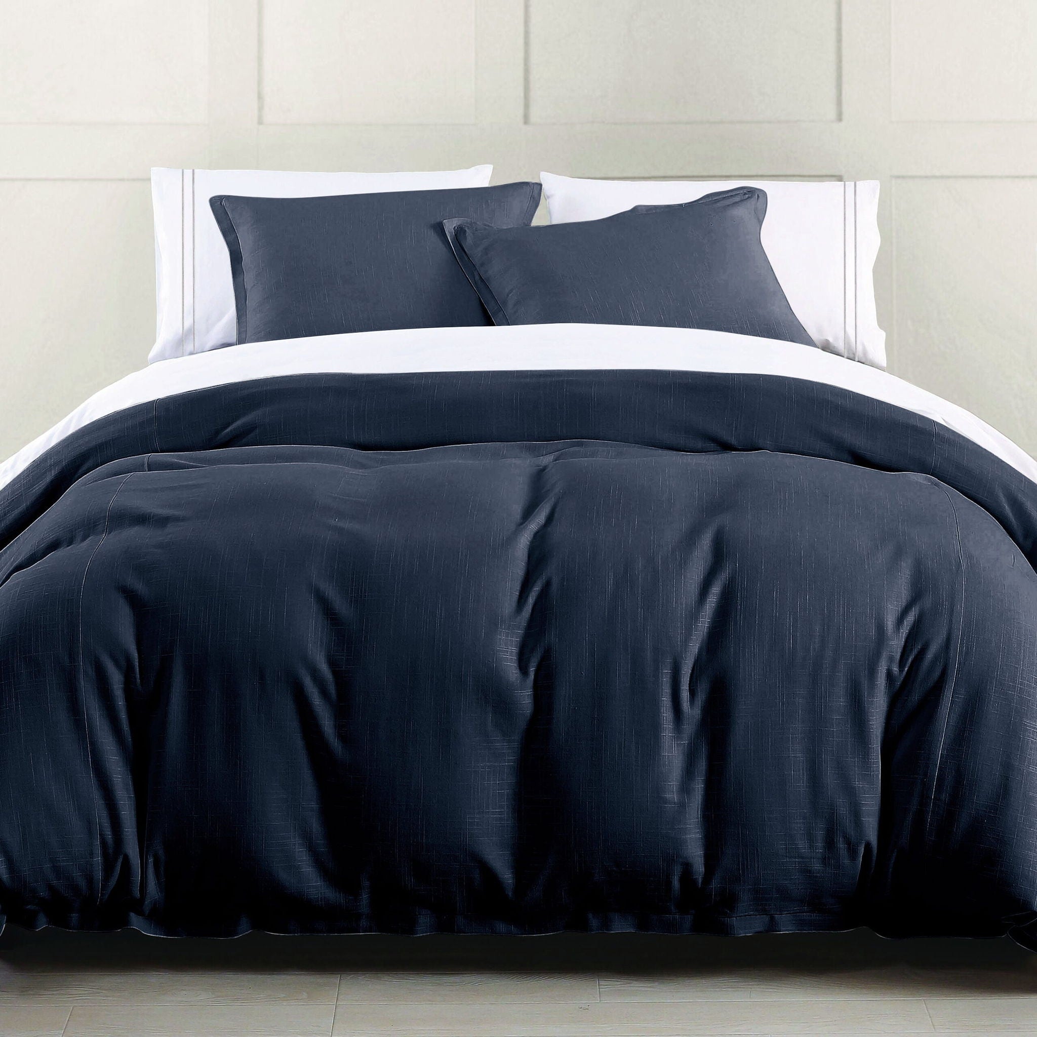 Hera - King Washed Linen Flange Duvet Cover Set (Set of 3) - Navy