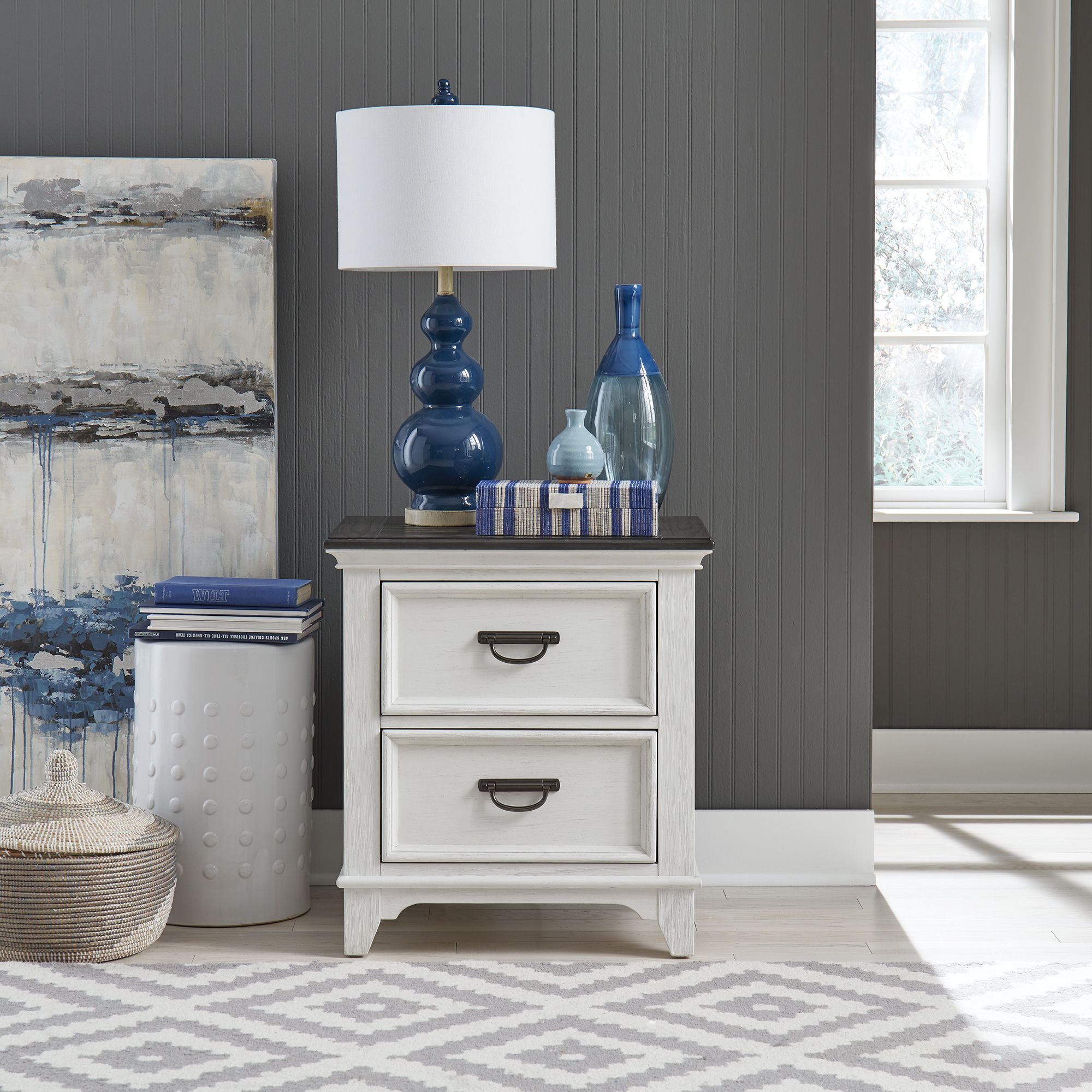 Allyson Park - 2 Drawer Nightstand With Charging Station - Wirebrushed White / Charcoal