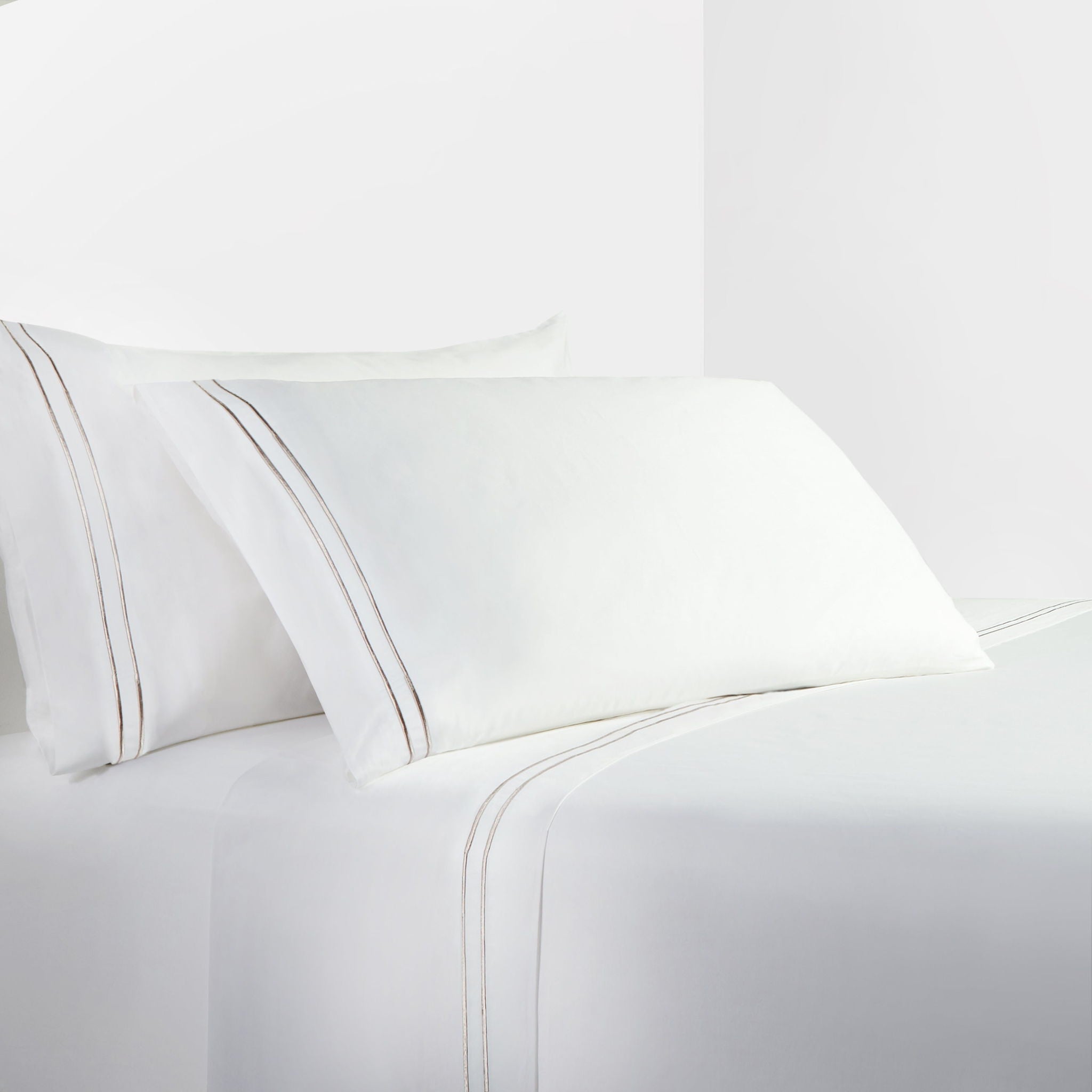 Stripe Sheet - King 350TC Embroidered Stripe Sheet Set (Set of 4) - White / Taupe