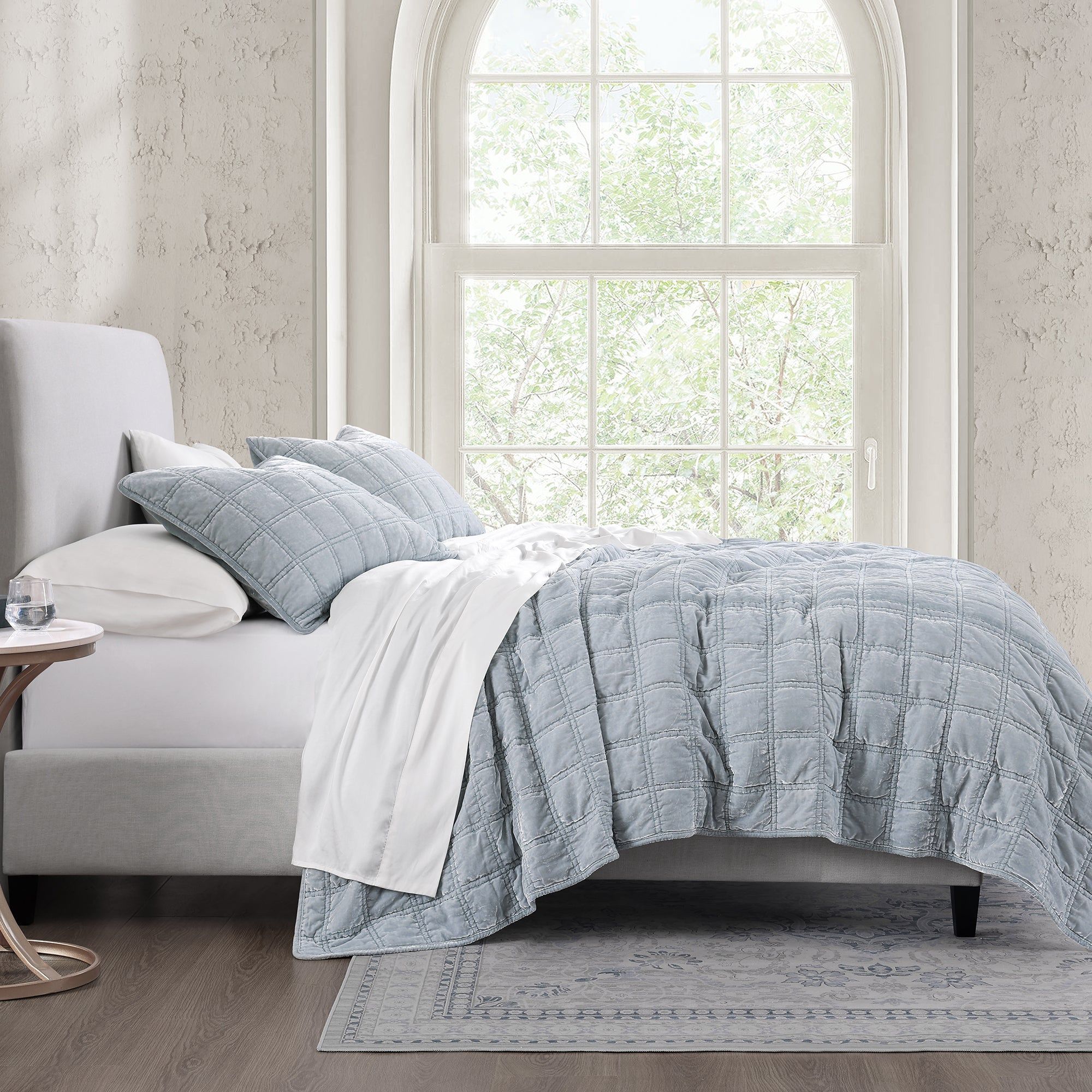 Stella - Full/Queen Faux Silk Velvet Double Box Stitch Quilt Set (Set of 3) - Icy Blue