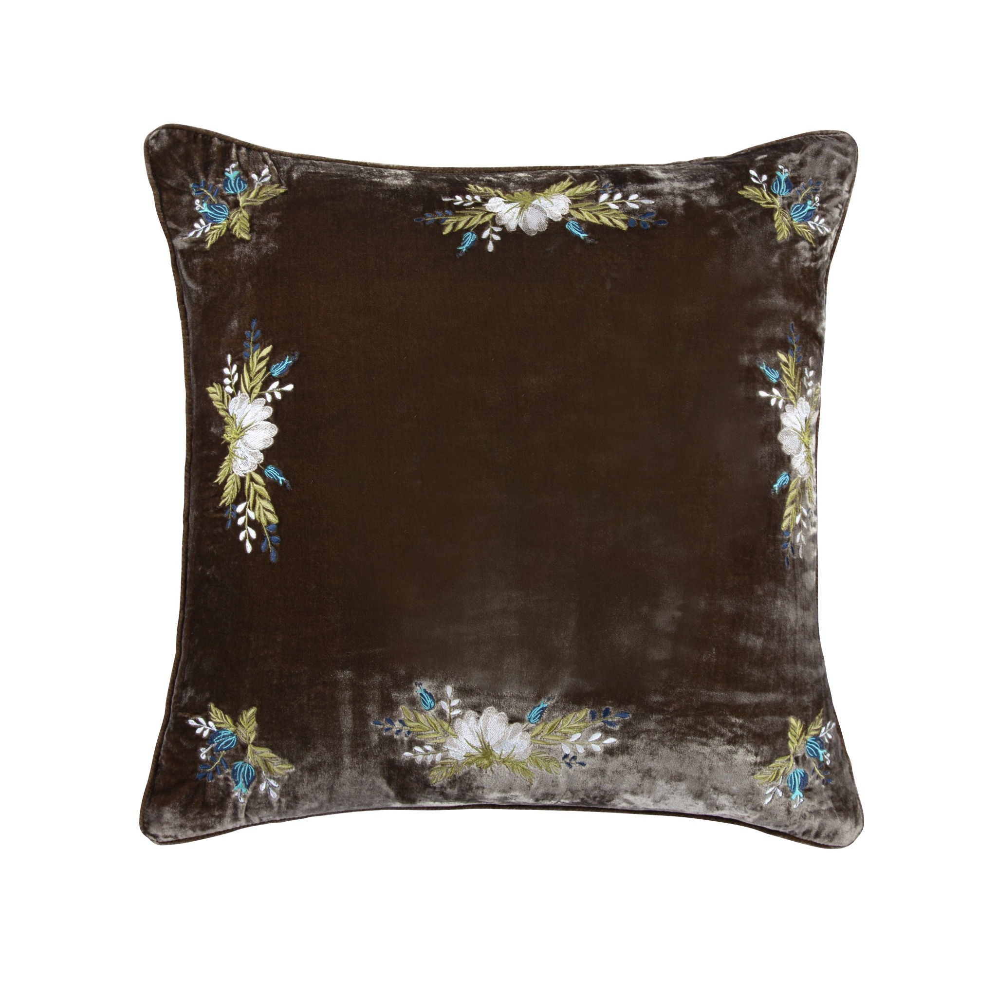 Stella - Western Floral Embroidered Faux Silk Velvet Pillow - Green Ochre