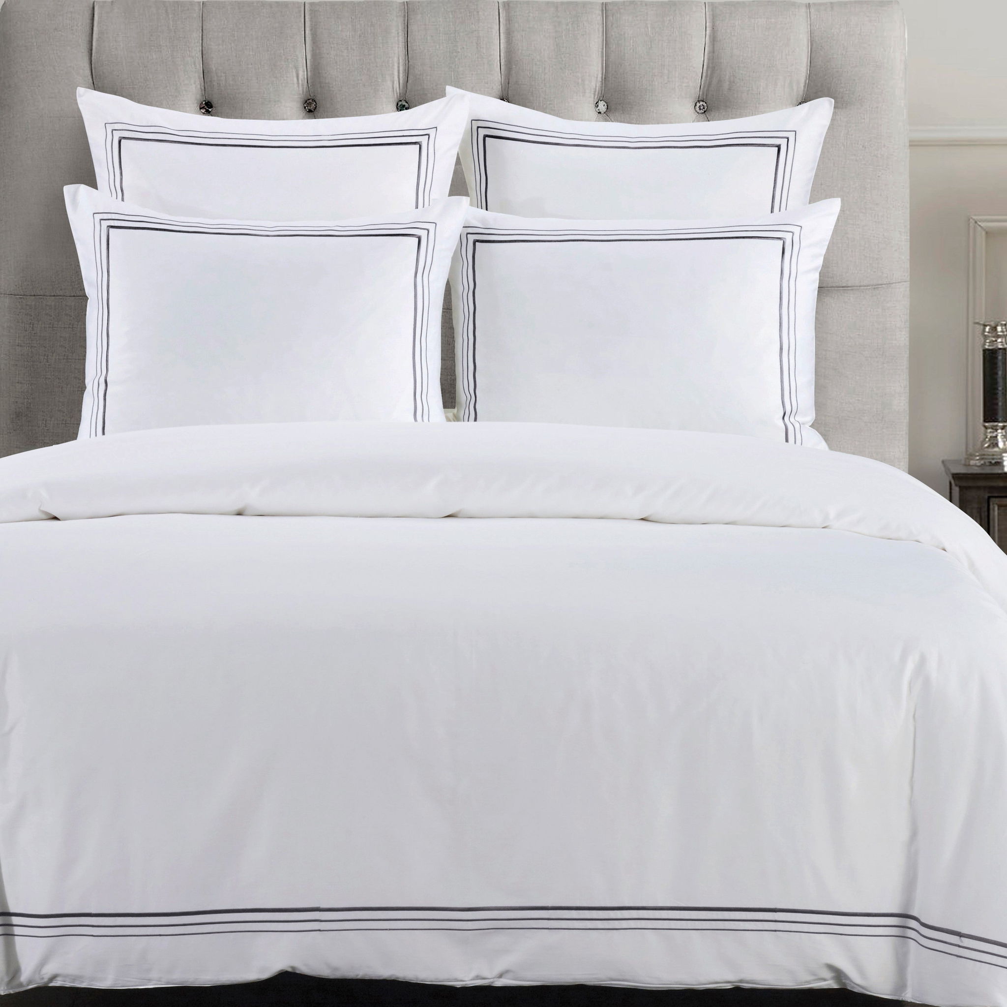 Border Embroidery - Queen Duvet Cover Set (Set of 3) - Gray