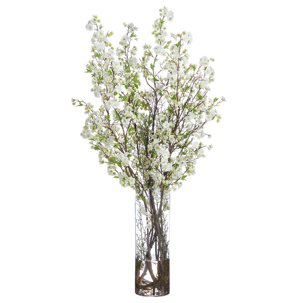 Cherry Blossom Arrangement in Tall Glass Vase White