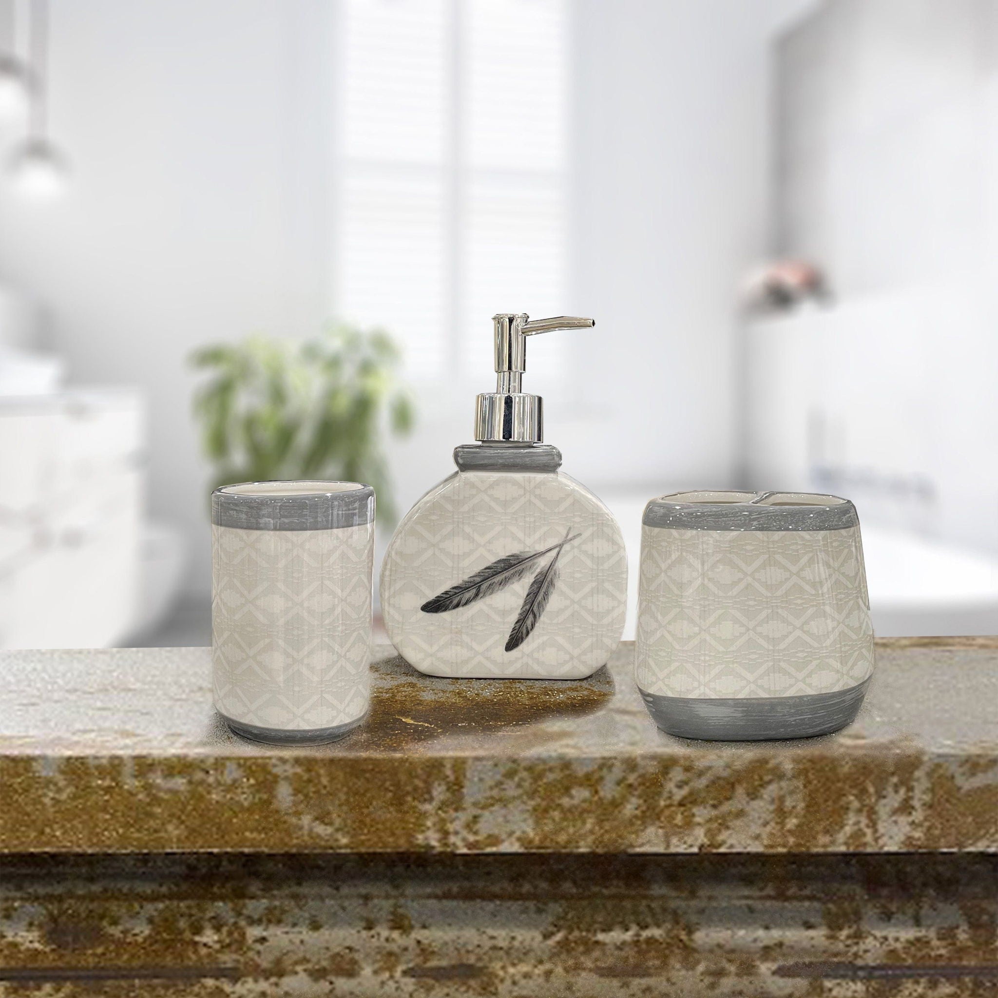 Tossed Feather - Feather Design Countertop Bathroom Set (Set of 3), 4 Per Carton - Cream / Gray