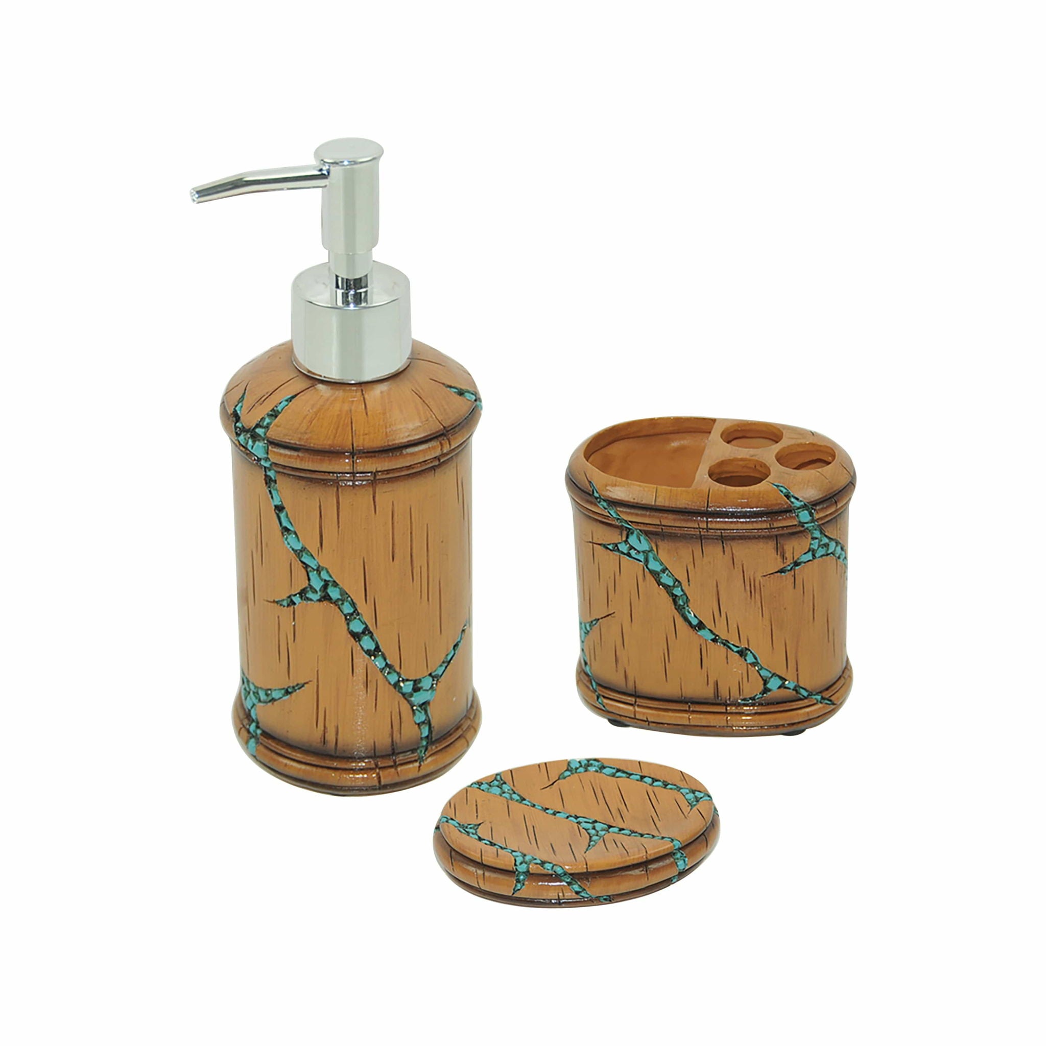 Turquoise - Inlay Countertop Bathroom Set, Turquoise (Set of 3), 4 Per Carton - Tan / Turquoise