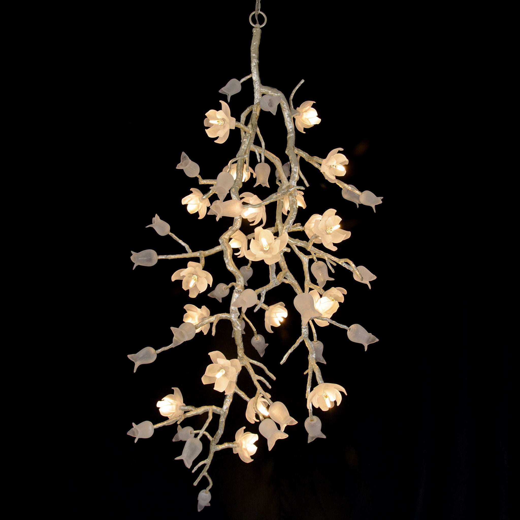 Churippu Magnolia & Tulip Glass Silver Leaf Vertical Twenty-One Light Chandelier
