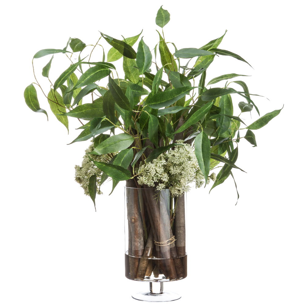 Eucalyptus /Queen Anne's Lace/Wood in Glass Vase Green