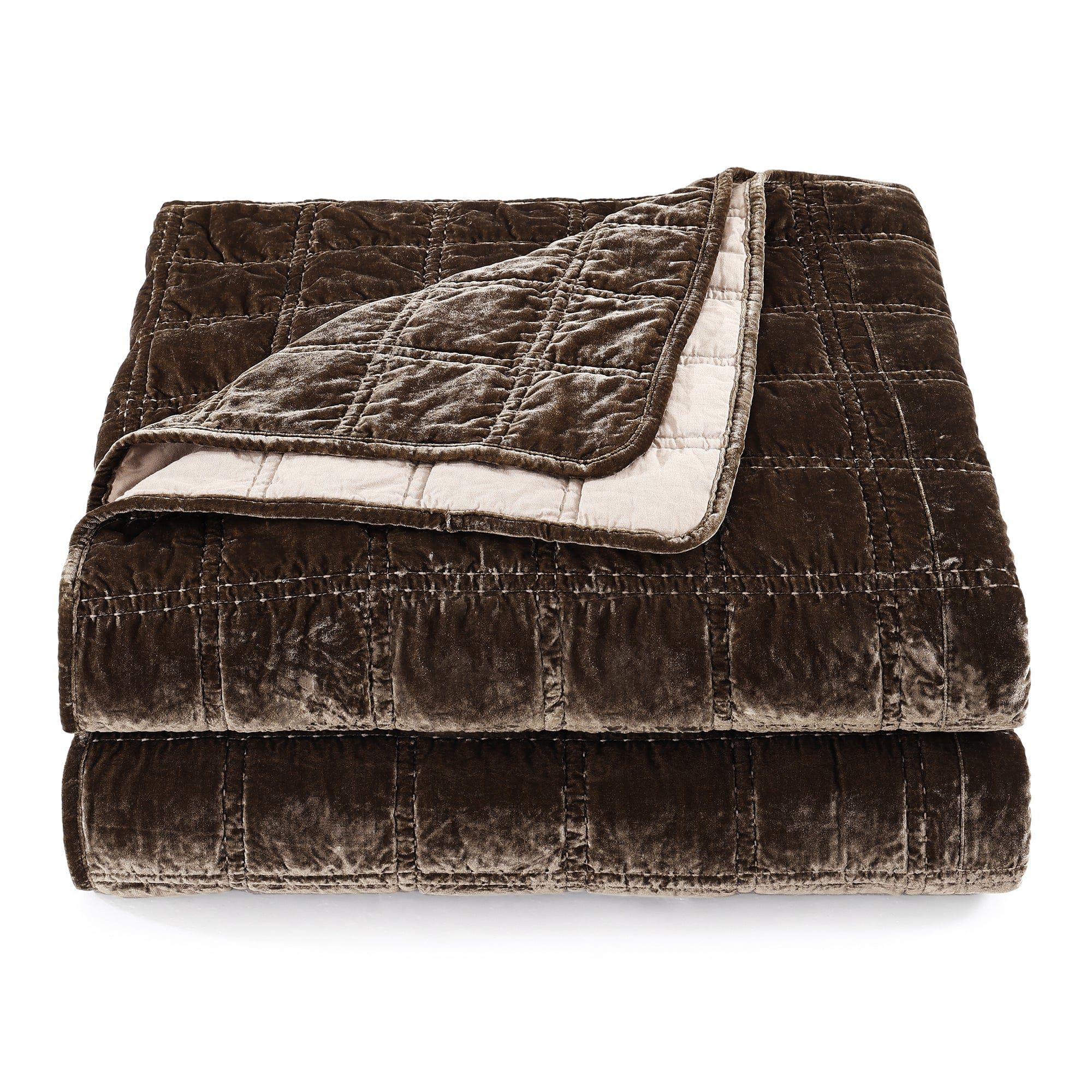 Stella - King Faux Silk Velvet Double Box Stitch Quilt Set (Set of 3) - Green Ochre