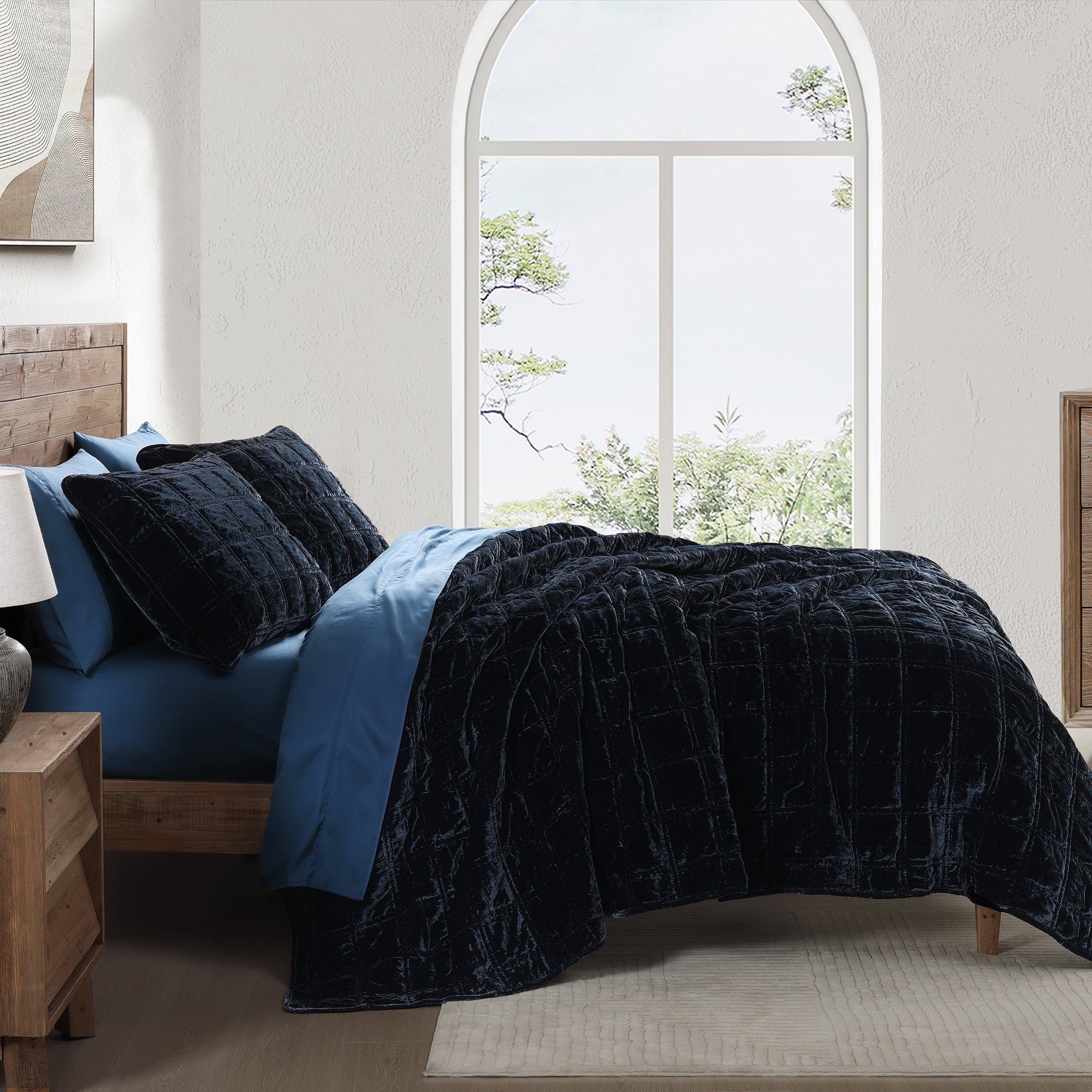 Stella - King Faux Silk Velvet Double Box Stitch Quilt Set (Set of 3) - Midnight Blue
