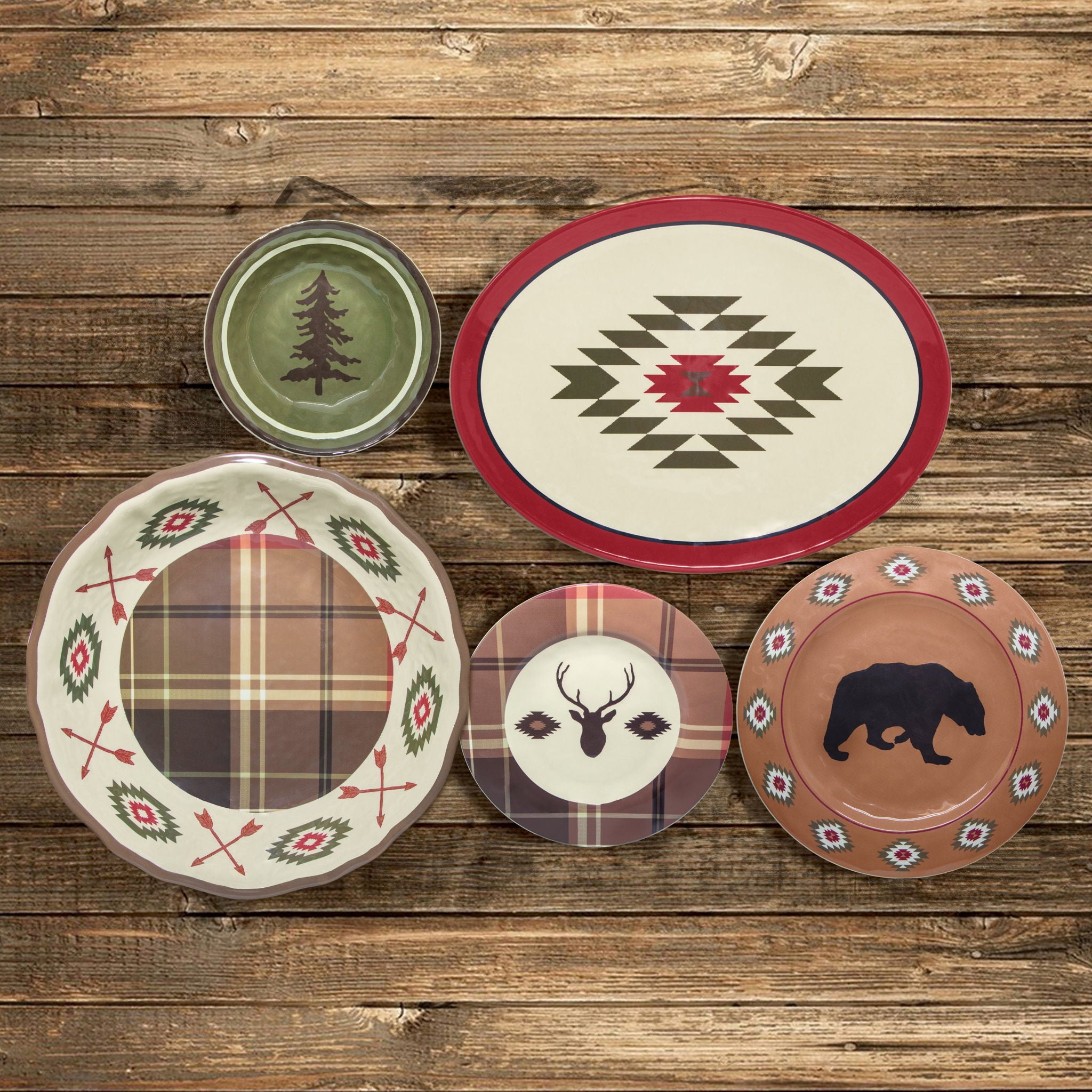 Aztec Bear - Melamine Dinnerware Set (Set of 14), 2 Per Carton - Brown / Red