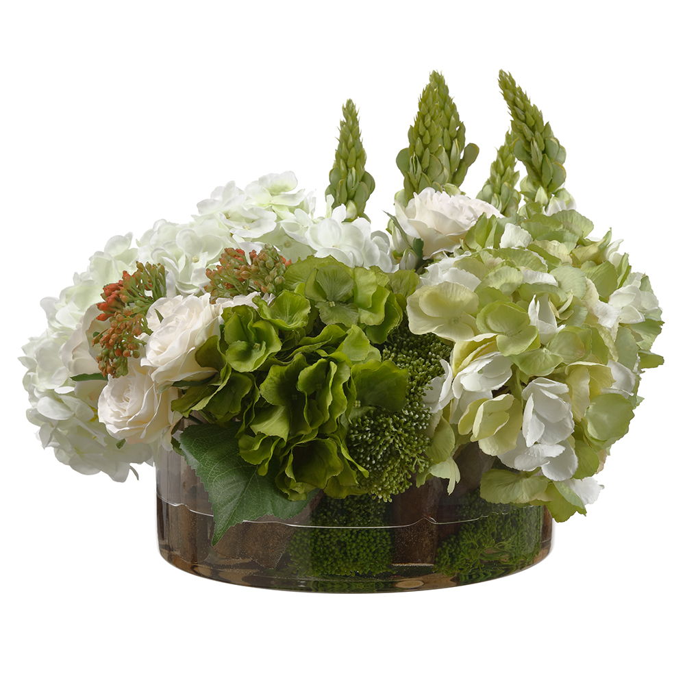 Hydrangea/Rose/Lupinus in Glass Vase Green White