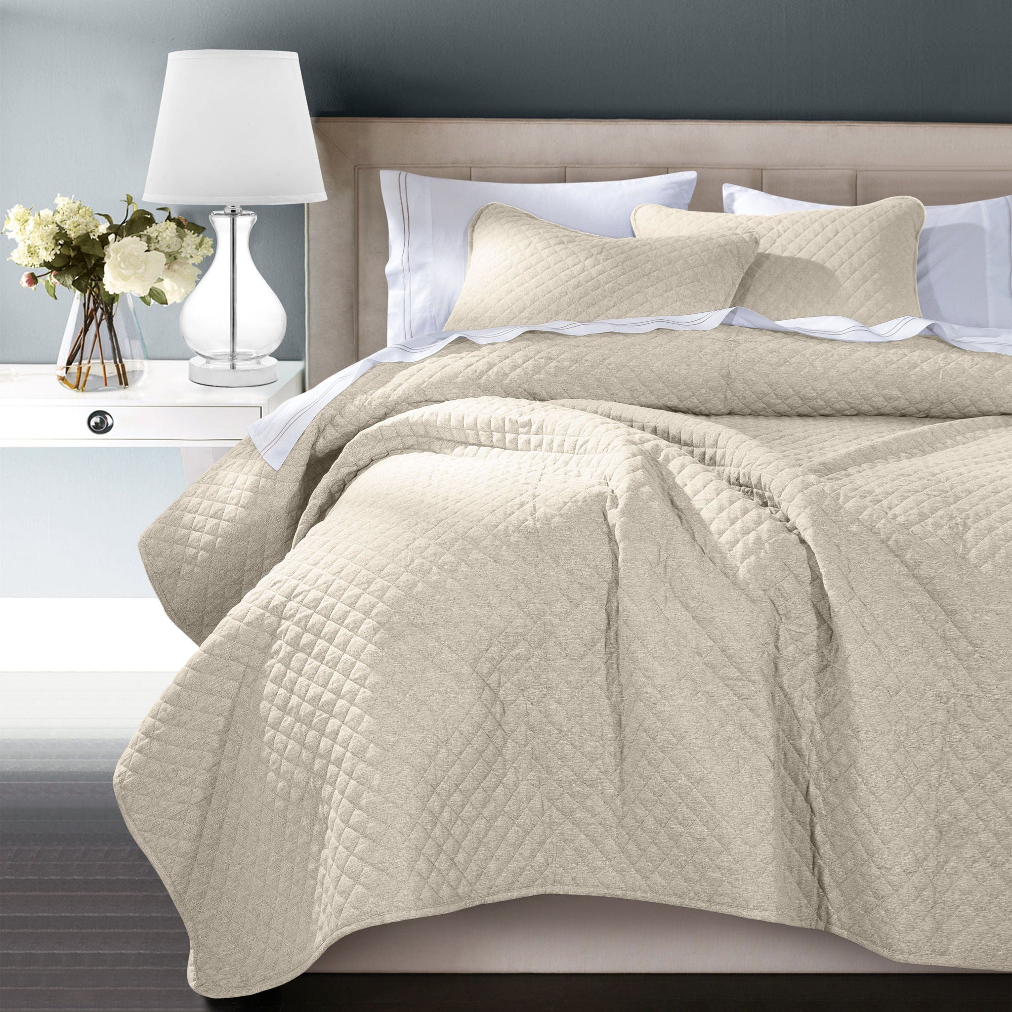 Anna - Full/Queen Diamond Quilted Coverlet Set (Set of 3) - Light Tan