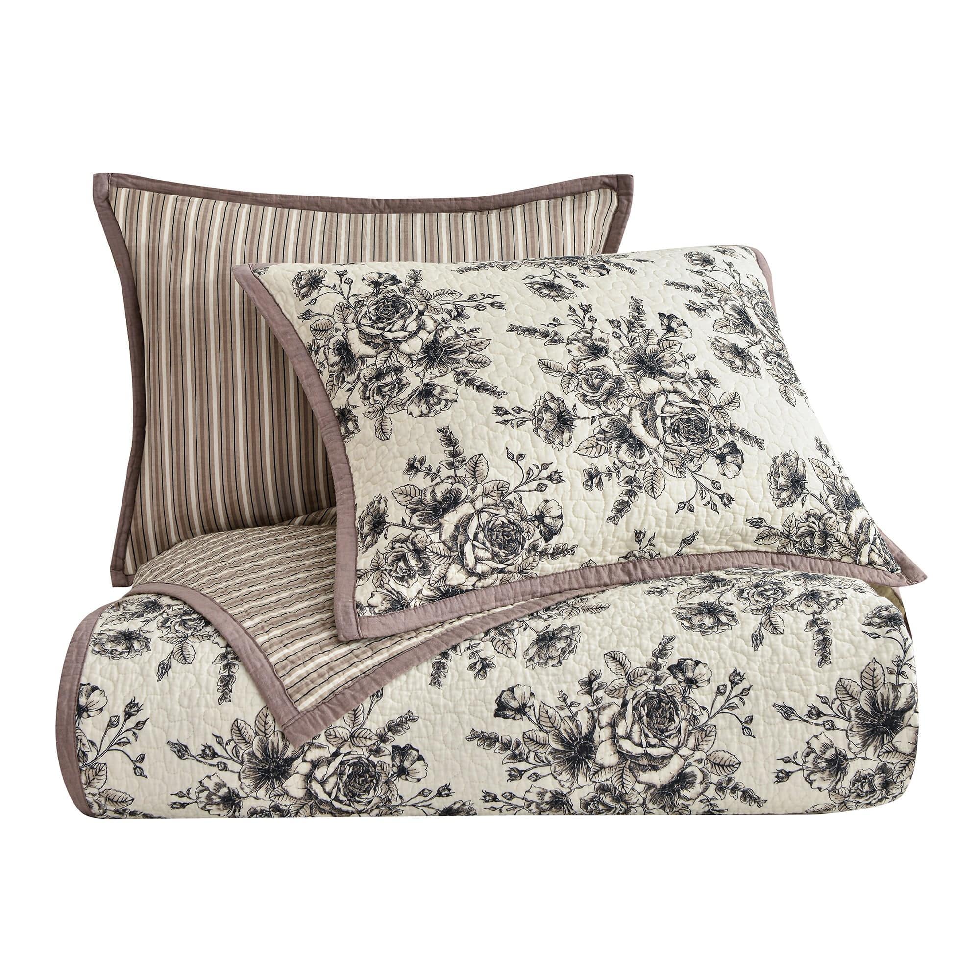 Lyla - King Reversible Floral Print Quilt Set (Set of 3) - White / Brown