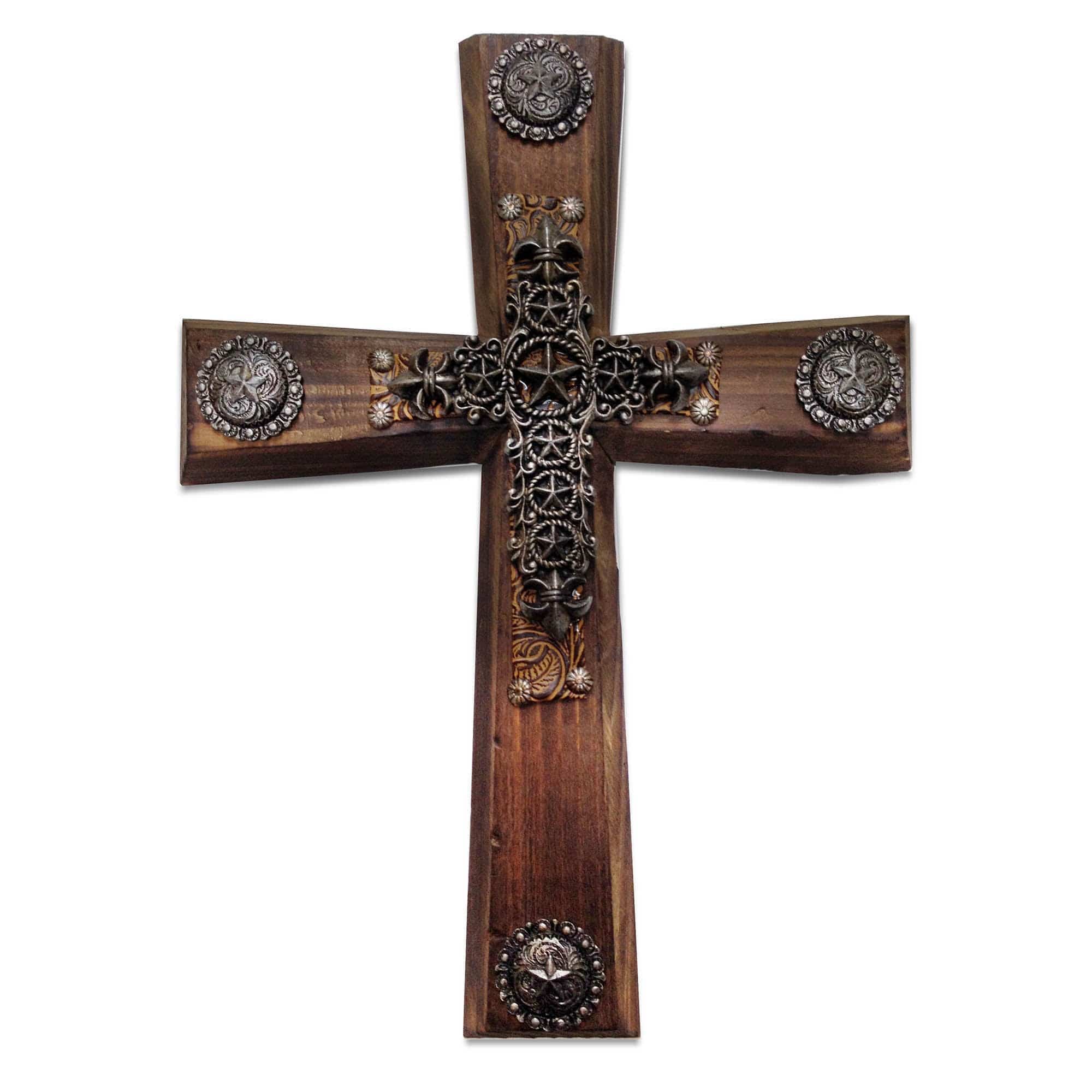 Cross - 11.25" x 15.5" Wooden Cross Wall Décor With Star & Concho Overlay 4 Per Carton - Brown