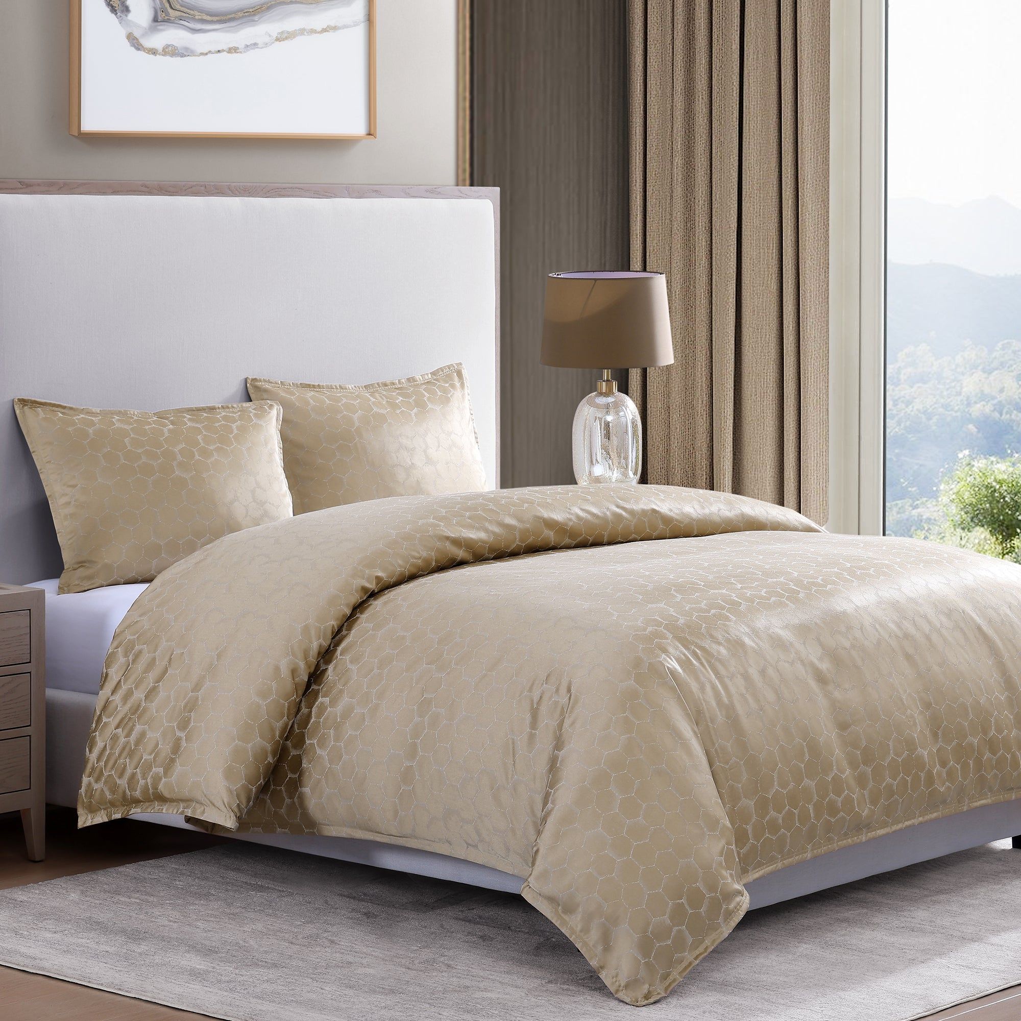 Honeycomb - King Jacquard Duvet Cover Set (Set of 3) - Light Gold