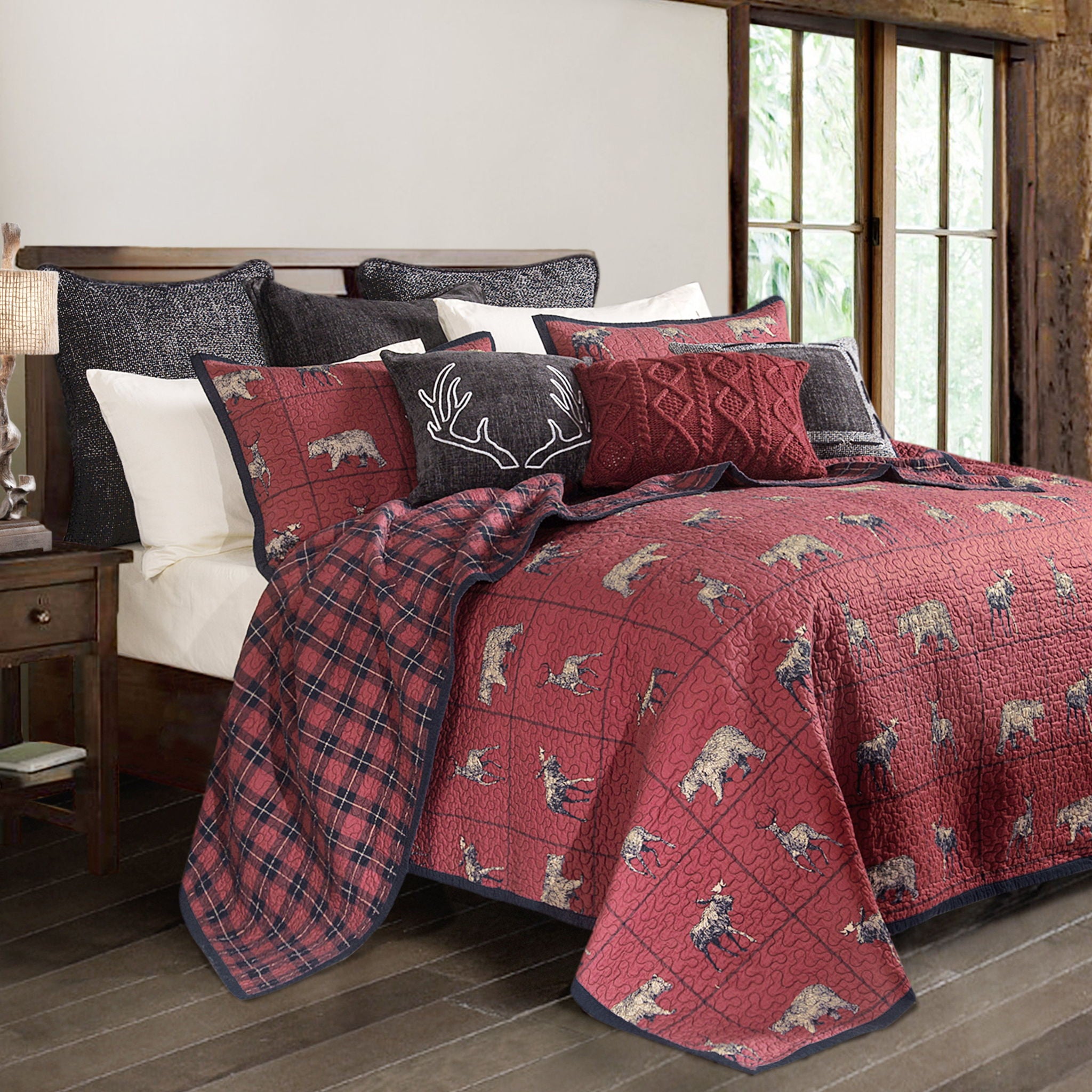 Woodland Plaid - King Reversible Quilt Set (Set of 3) - Red / Navy