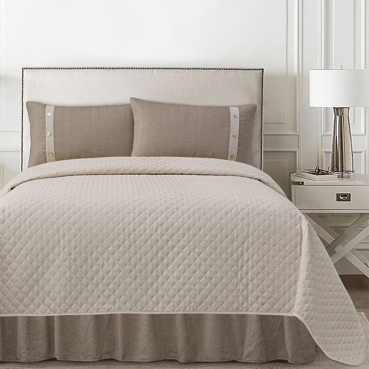 Fairfield - Full Linen Coverlet Set (Set of 4) - Cream / Tan