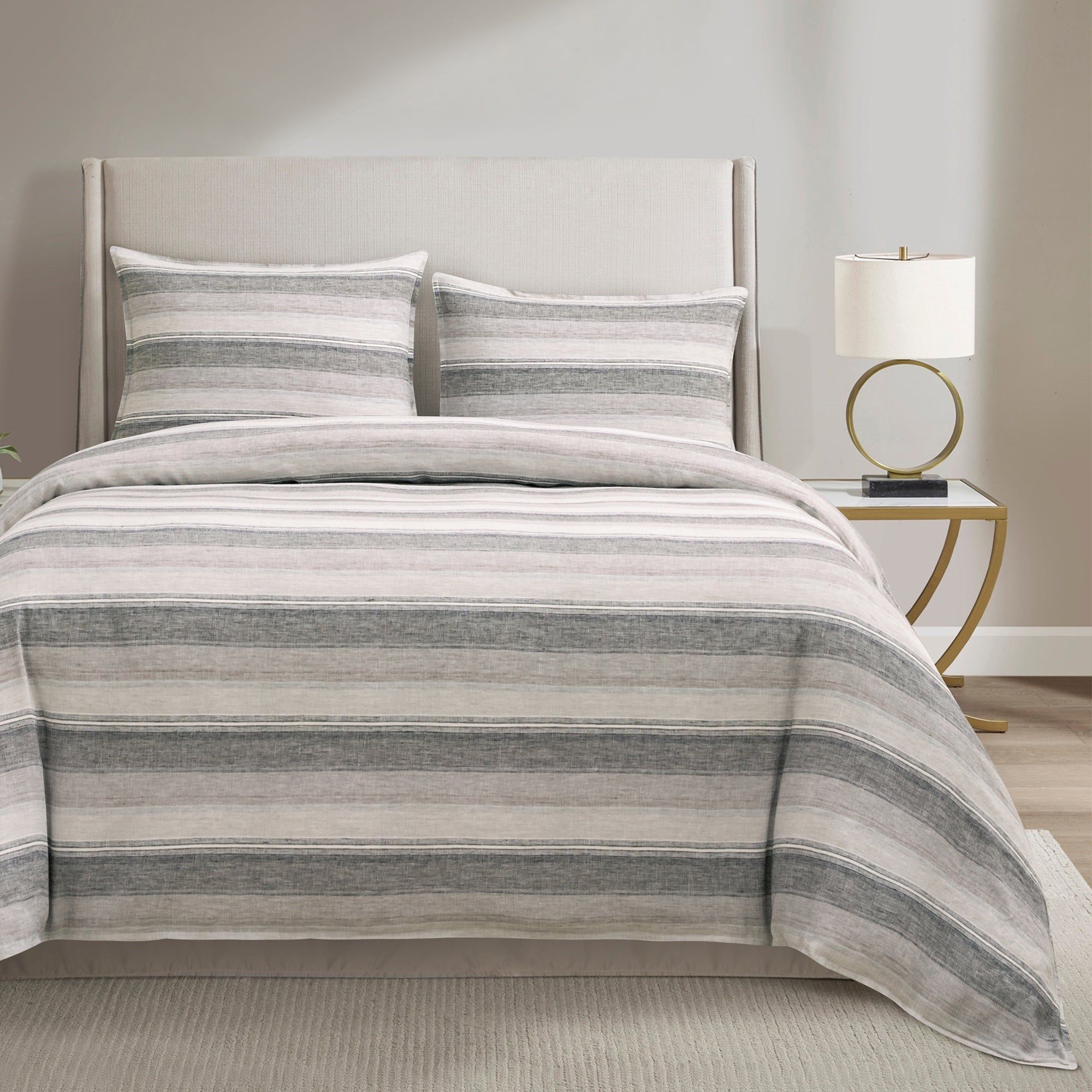100% French Flax Linen - King Variegated Stripe Duvet Cover Set (Set of 3) - Charcoal