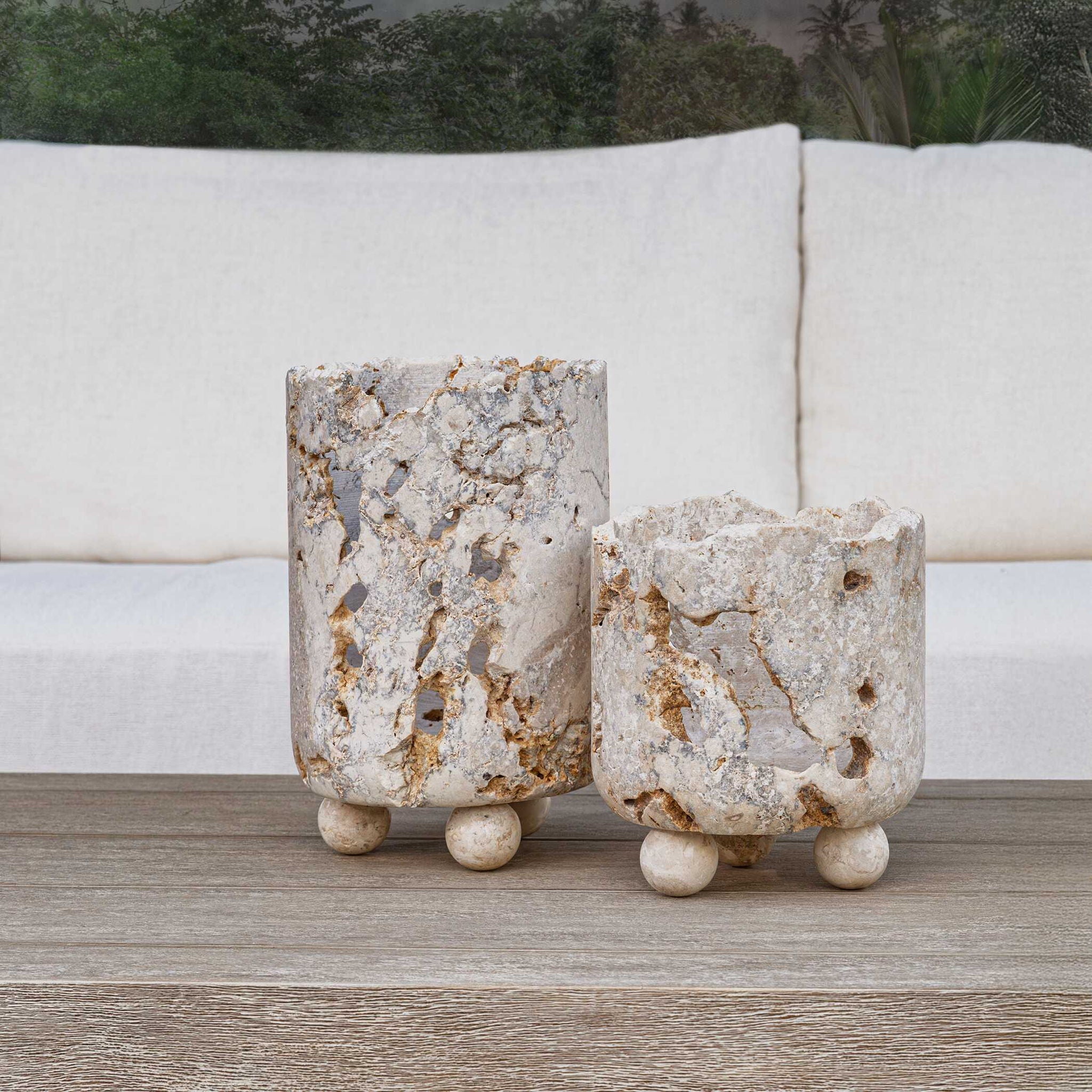 Quarried Stone - Indoor-Outdoor Candleholders (Set of 2) - Brown / White