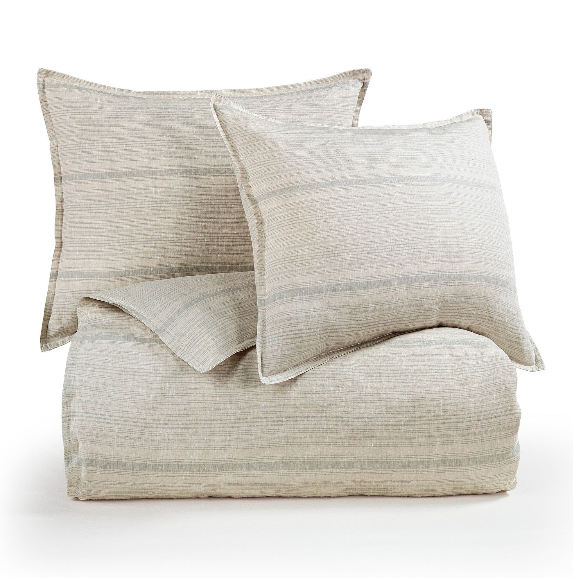 100% French Flax Linen - King Variegated Stripe Duvet Cover Set (Set of 3) - Natural / Light Blue