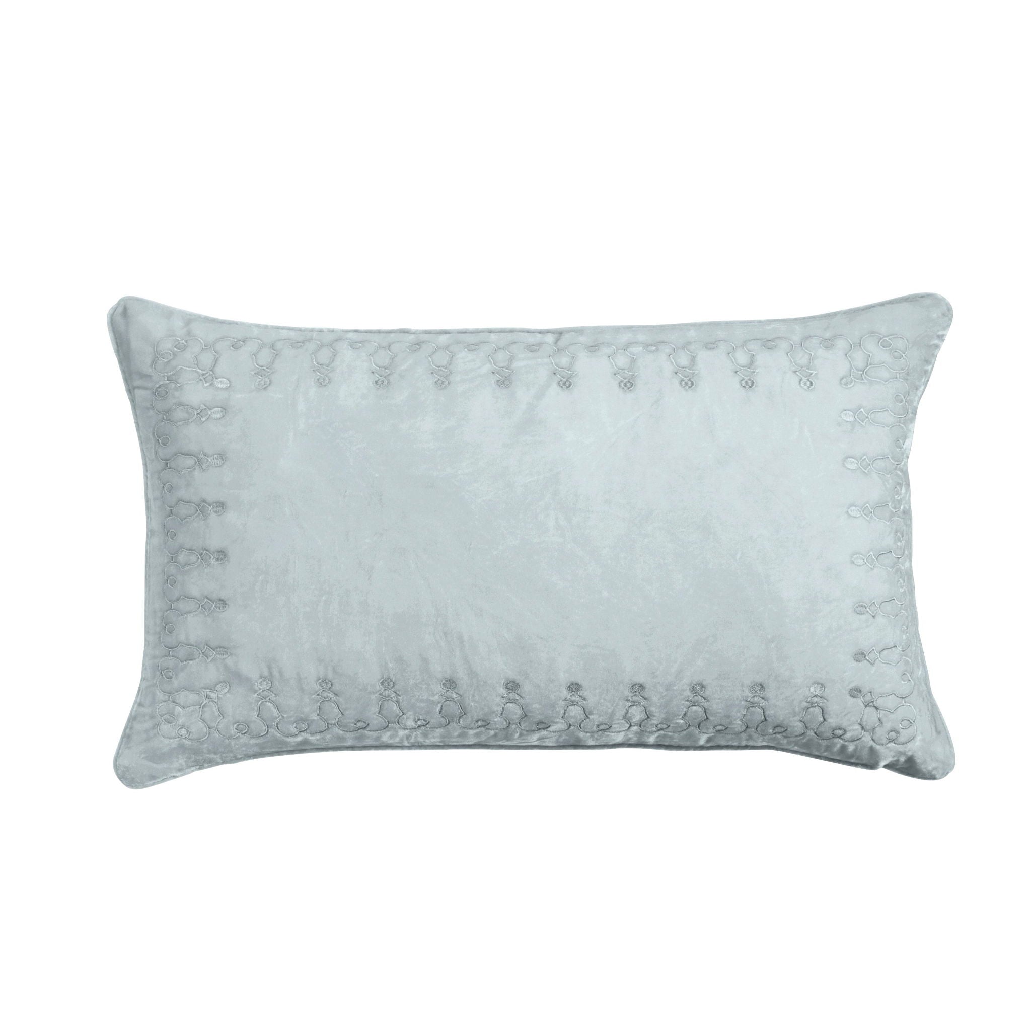 Stella - Faux Silk Velvet Embroidered Lumbar Pillow - Icy Blue