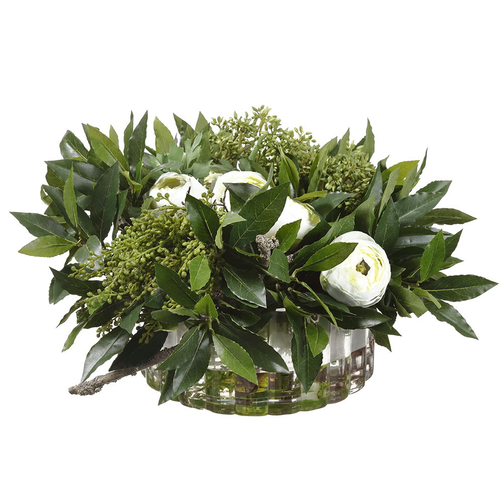 Sweet Bay Lf/Ranunculus Arrangement In 4.5"Hx10"D Ribbed Glass Vase G