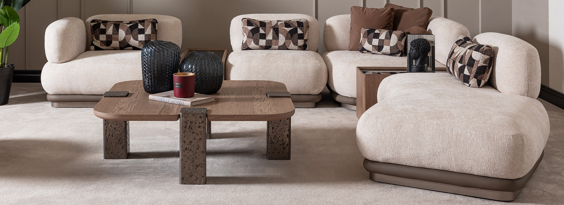 Bristol Point six-piece sectional: LAF chair, armless chair, corner unit, chaise, and two sectional tables. Foreground cocktail table sold separately.
