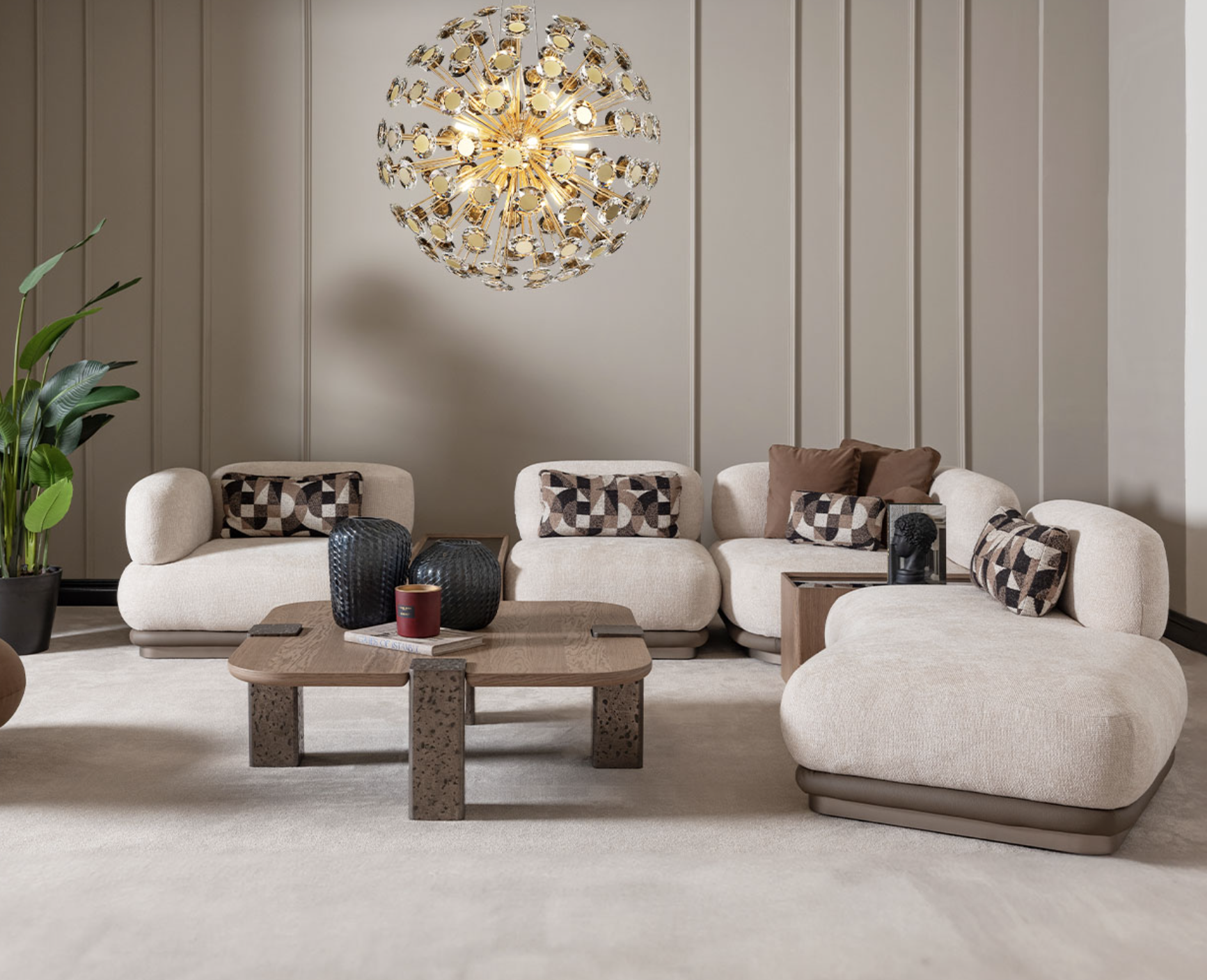 Full-room view of the Bristol Point six-piece sectional with chaise and two sectional tables. Cocktail table, lighting, rug, plants, and decorative accessories are not included.