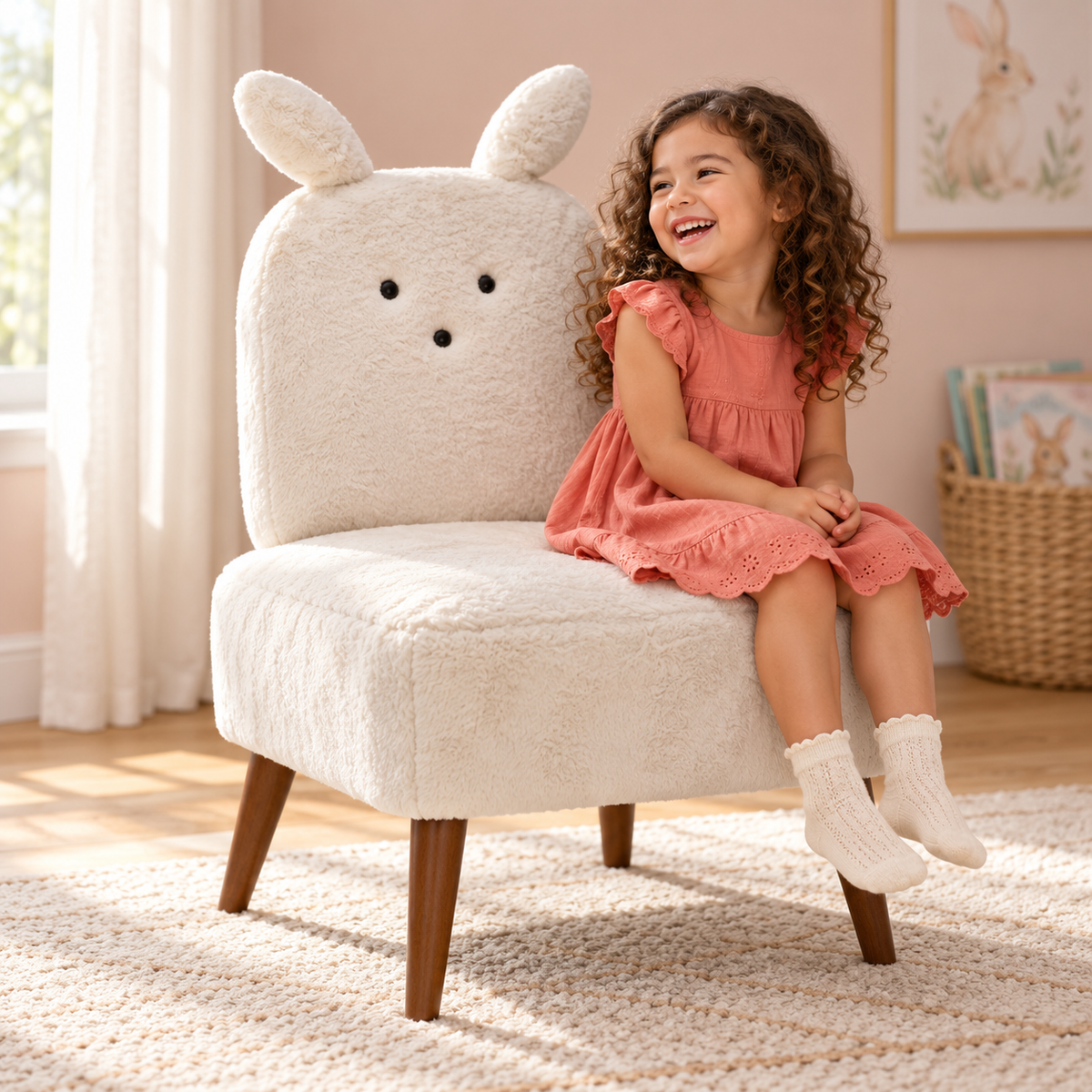 Laughing child seated on the Bunny faux fur rabbit accent chair in Powder