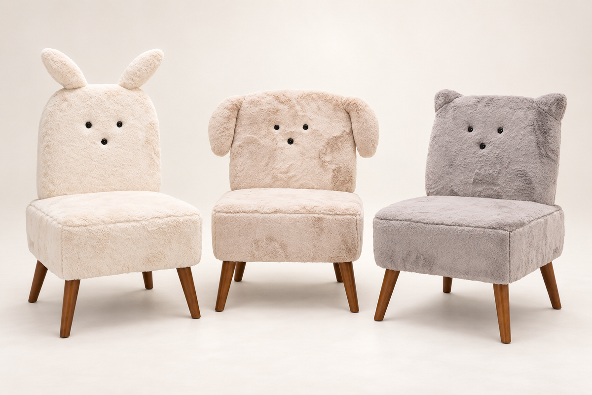 Bunny, Puppy and Kitten faux fur accent chairs arranged in a semicircle