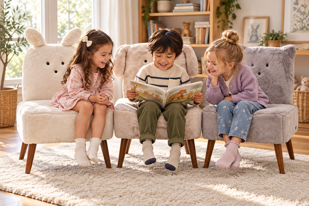 Children sharing a story on the Bunny, Puppy and Kitten faux fur accent chairs