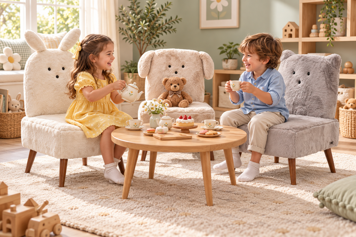 Children enjoying a pretend tea party with the Bunny, Puppy and Kitten faux fur chair set