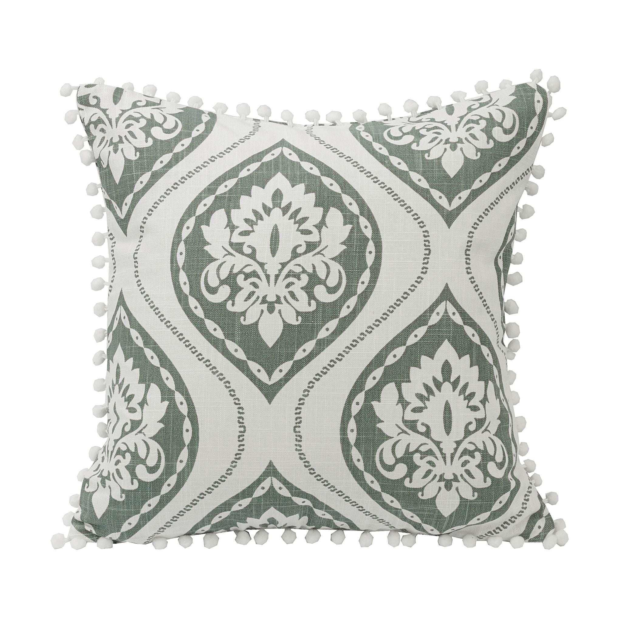 Belmont - Graphic Printed Pom Trimmed Throw Pillow - Green / White